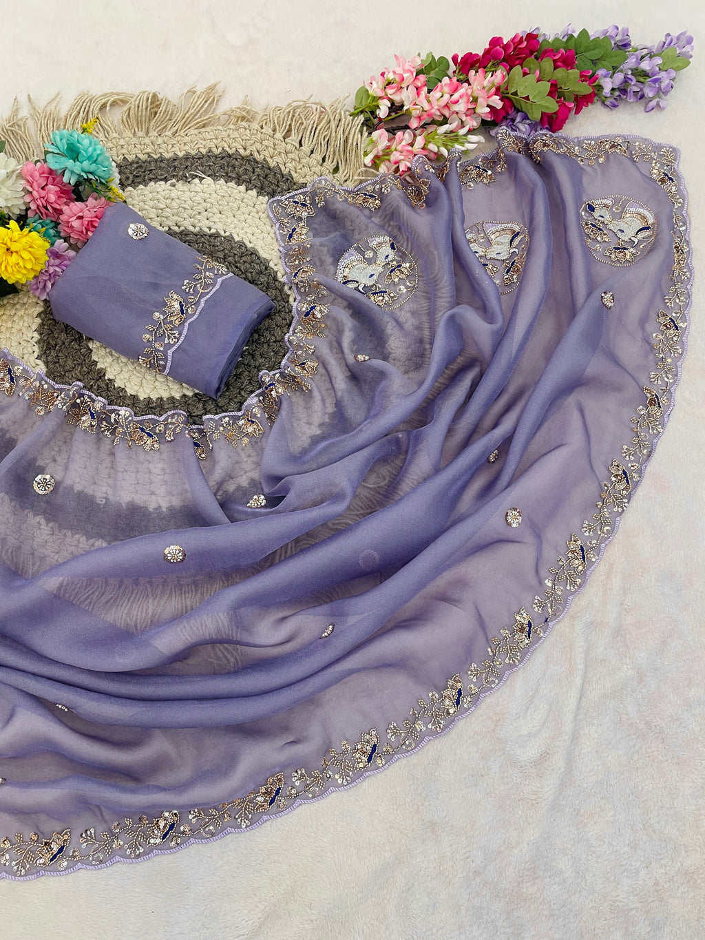 ALKA Tissue Embroidered Sequin Embellished Saree - Light Lavendar