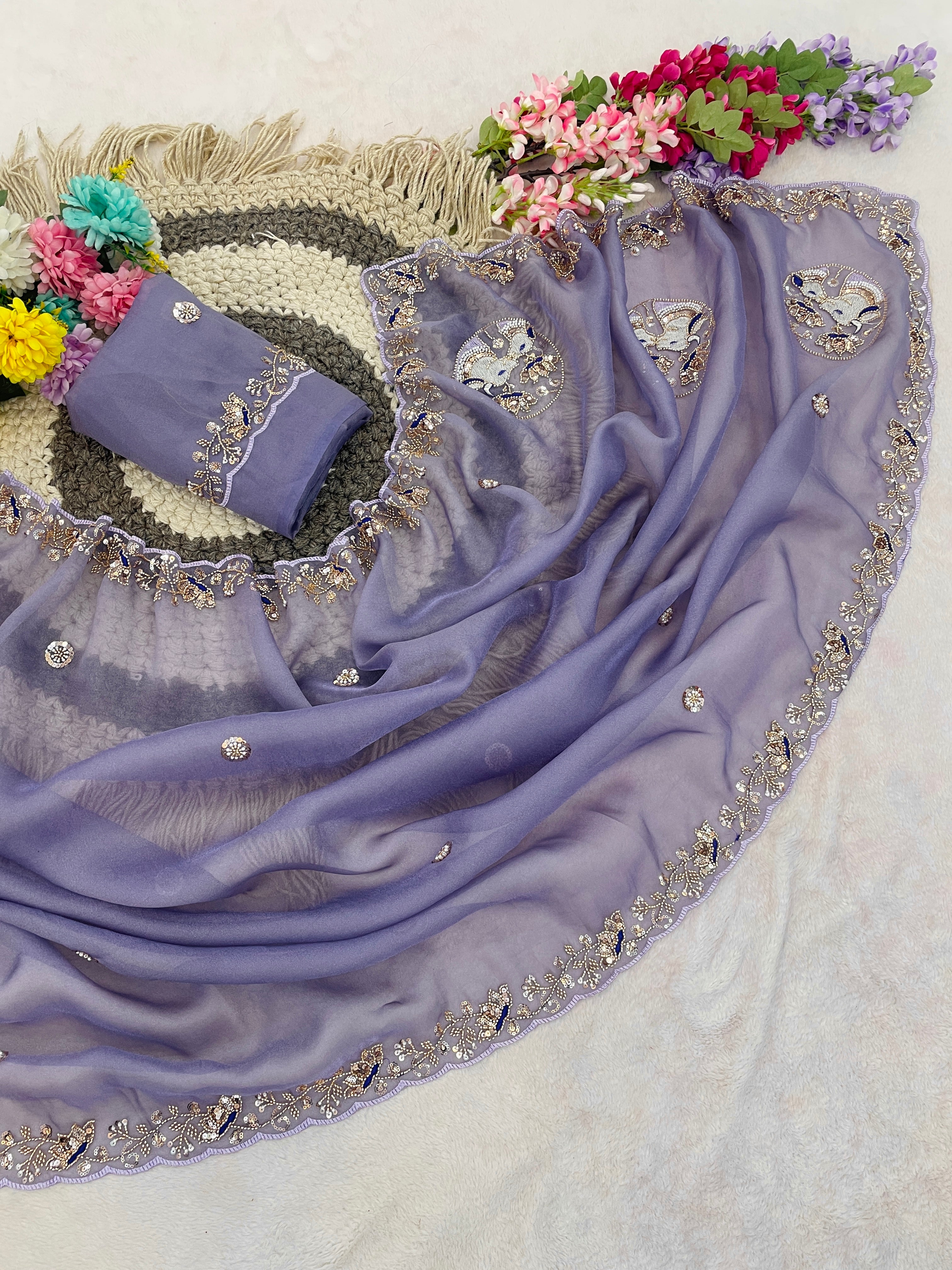 ALKA Tissue Embroidered Sequin Embellished Saree - Light Lavendar