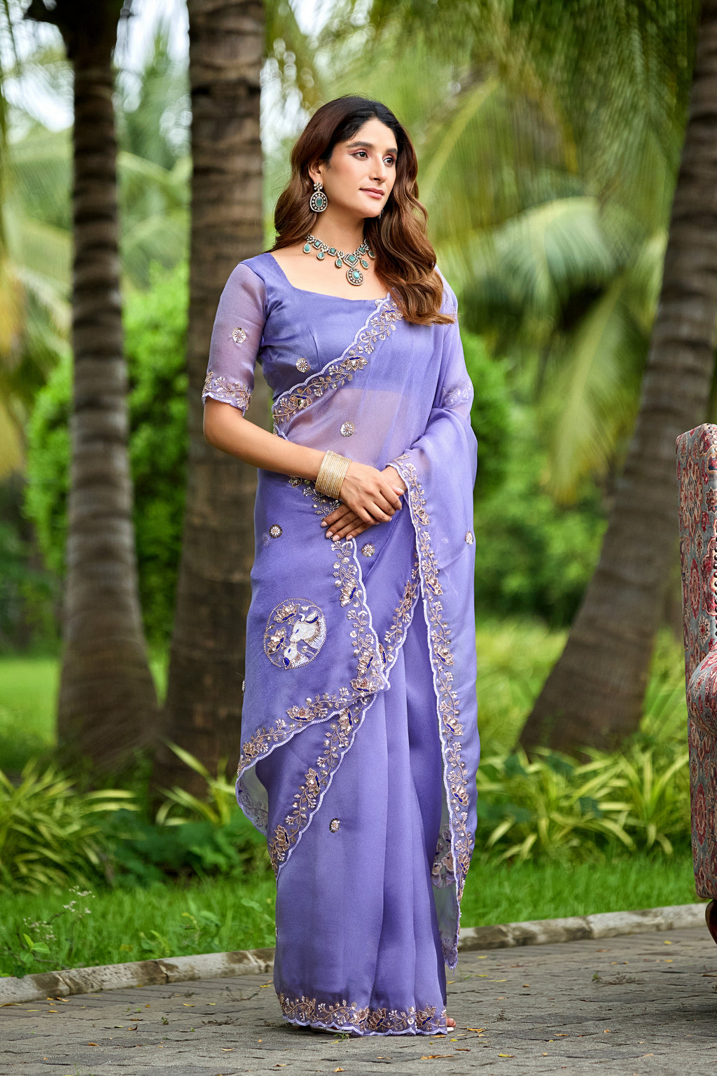 ALKA Tissue Embroidered Sequin Embellished Saree - Light Lavendar