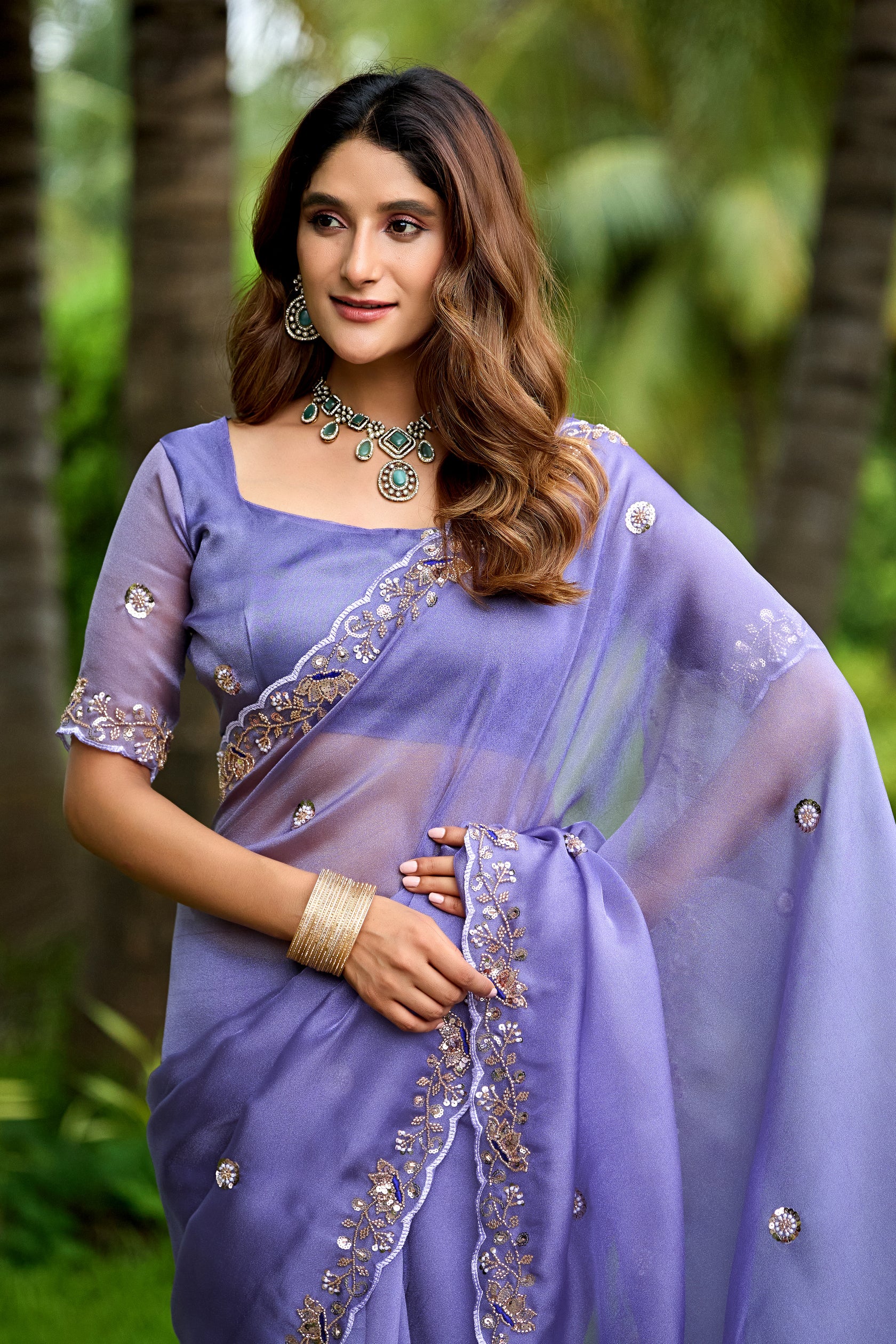 ALKA Tissue Embroidered Sequin Embellished Saree - Light Lavendar