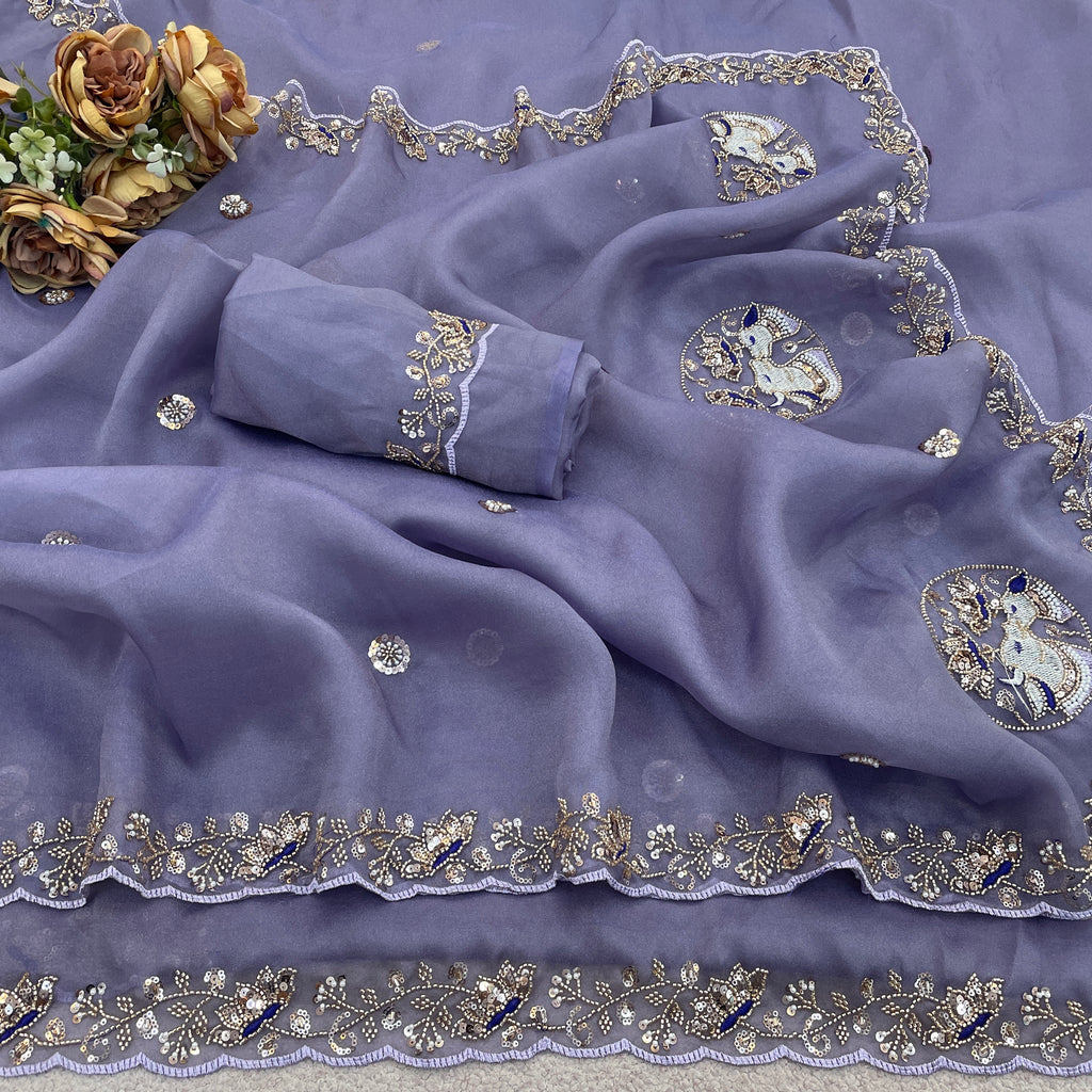 ALKA Tissue Embroidered Sequin Embellished Saree - Light Lavendar