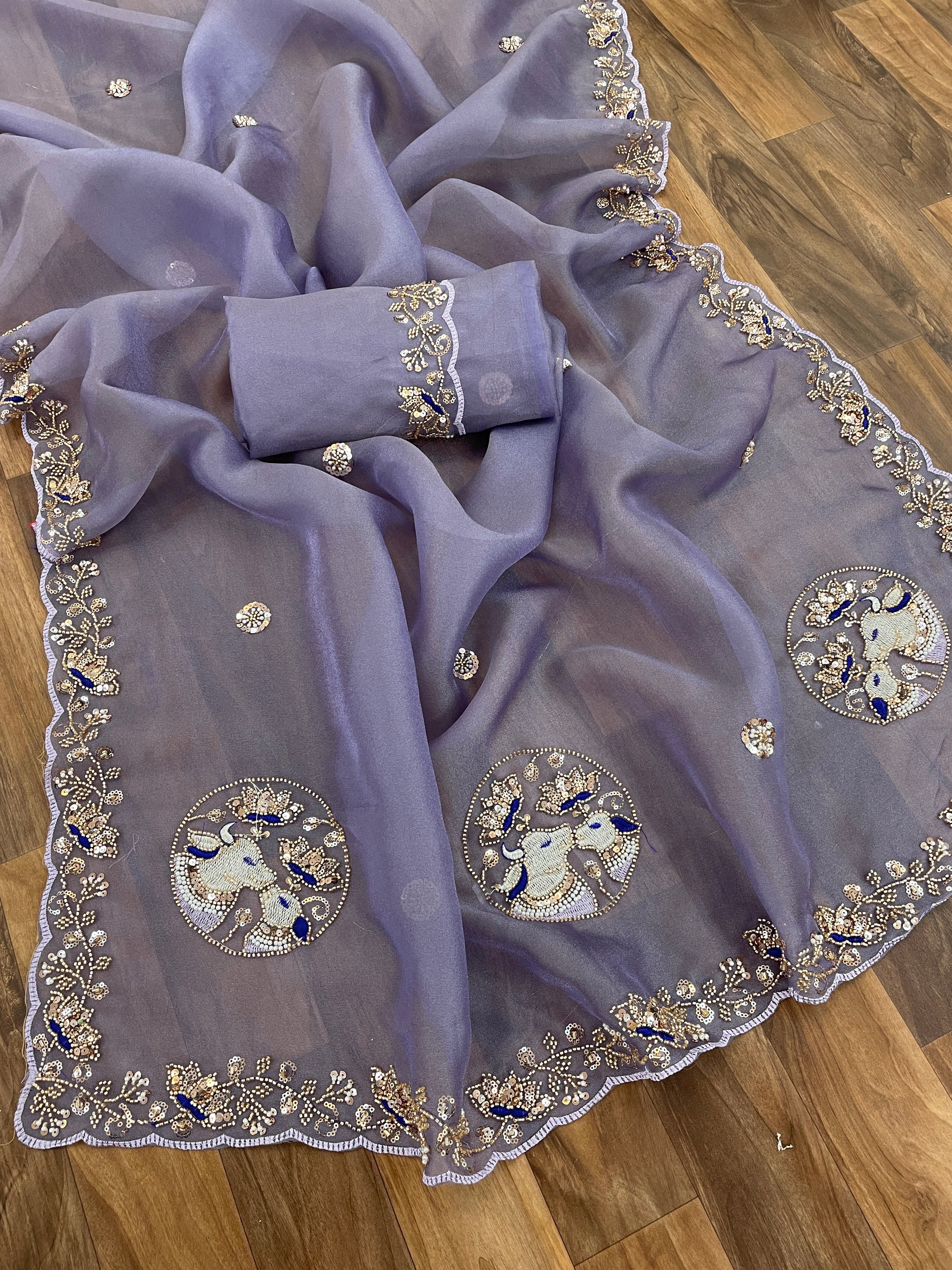 ALKA Tissue Embroidered Sequin Embellished Saree - Light Lavendar