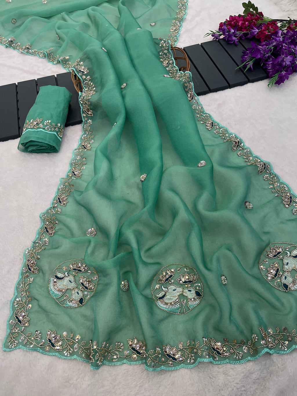 ALKA Tissue Embroidered Sequin Embellished Saree - Light Rama