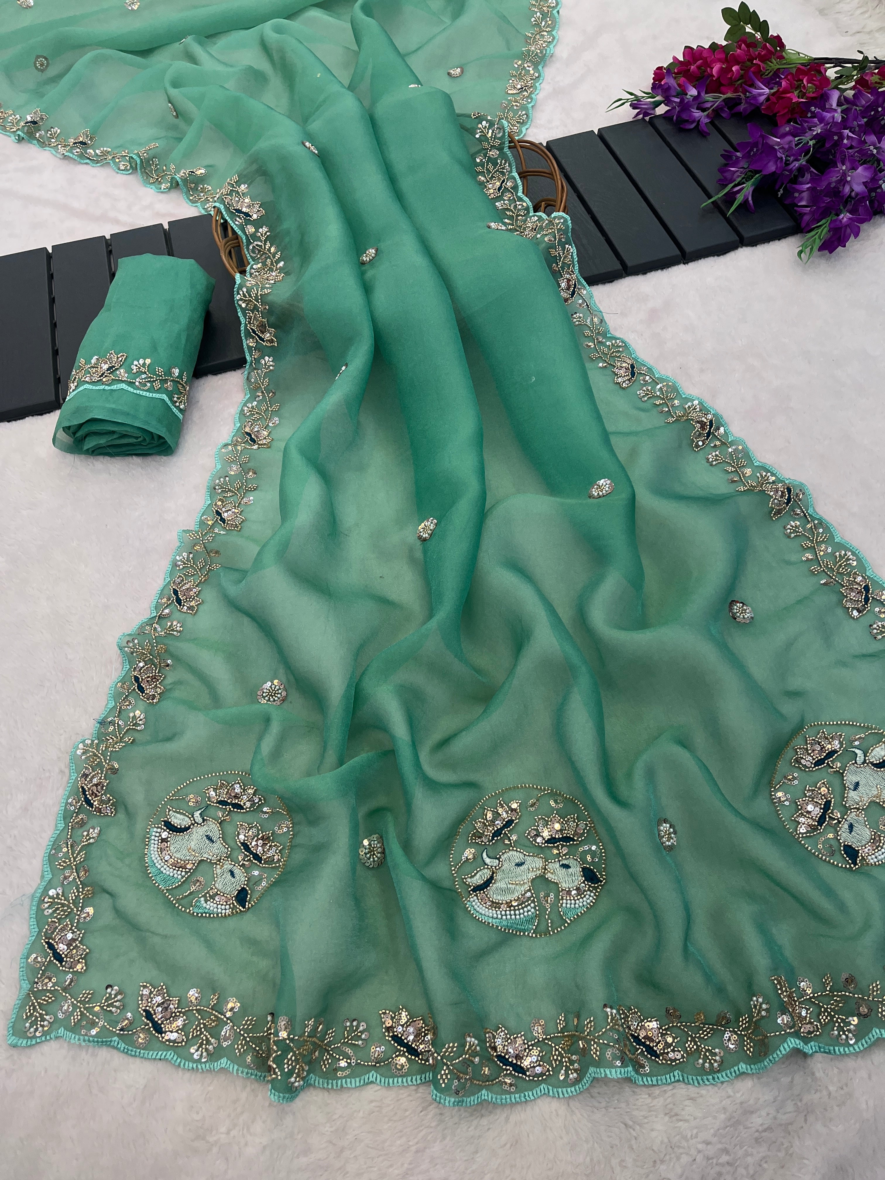 ALKA Tissue Embroidered Sequin Embellished Saree - Light Rama