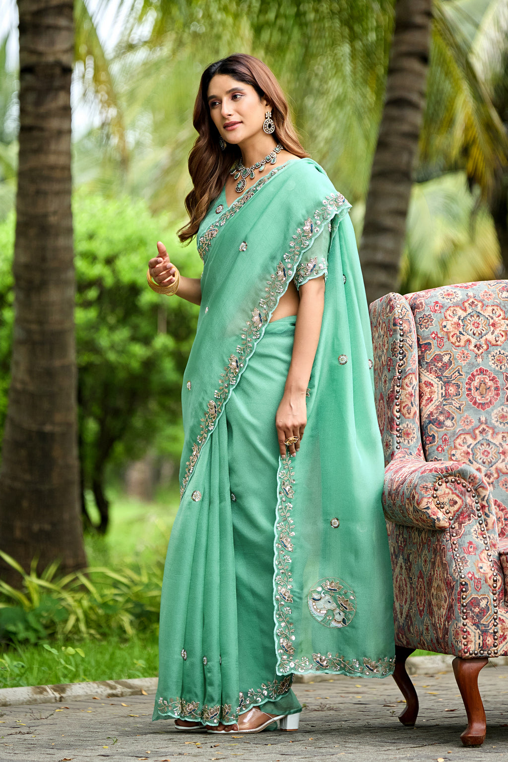 ALKA Tissue Embroidered Sequin Embellished Saree - Light Rama