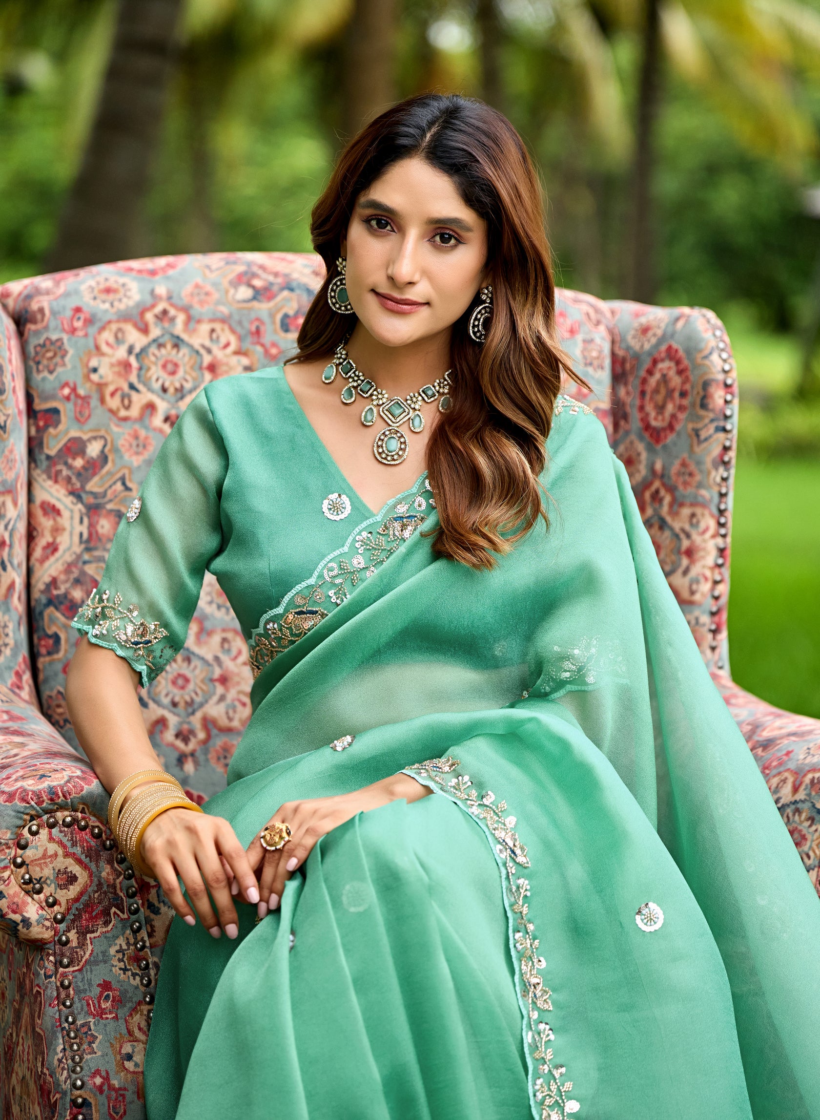 ALKA Tissue Embroidered Sequin Embellished Saree - Light Rama