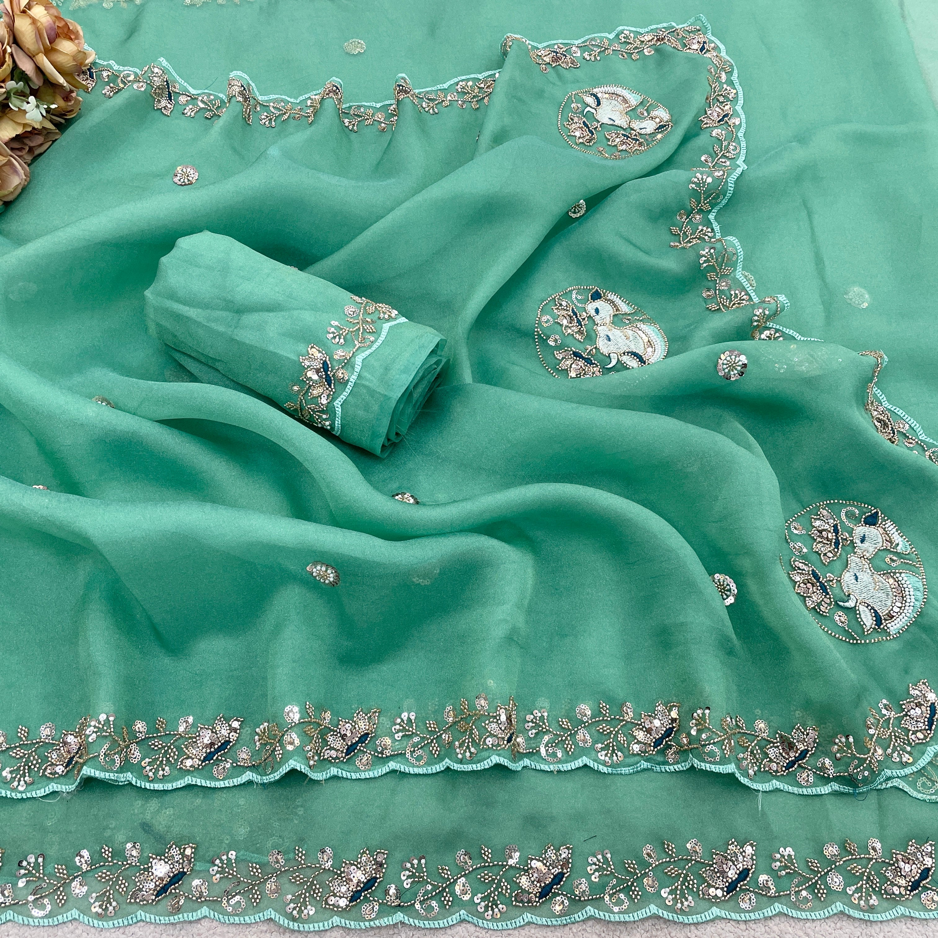 ALKA Tissue Embroidered Sequin Embellished Saree - Light Rama