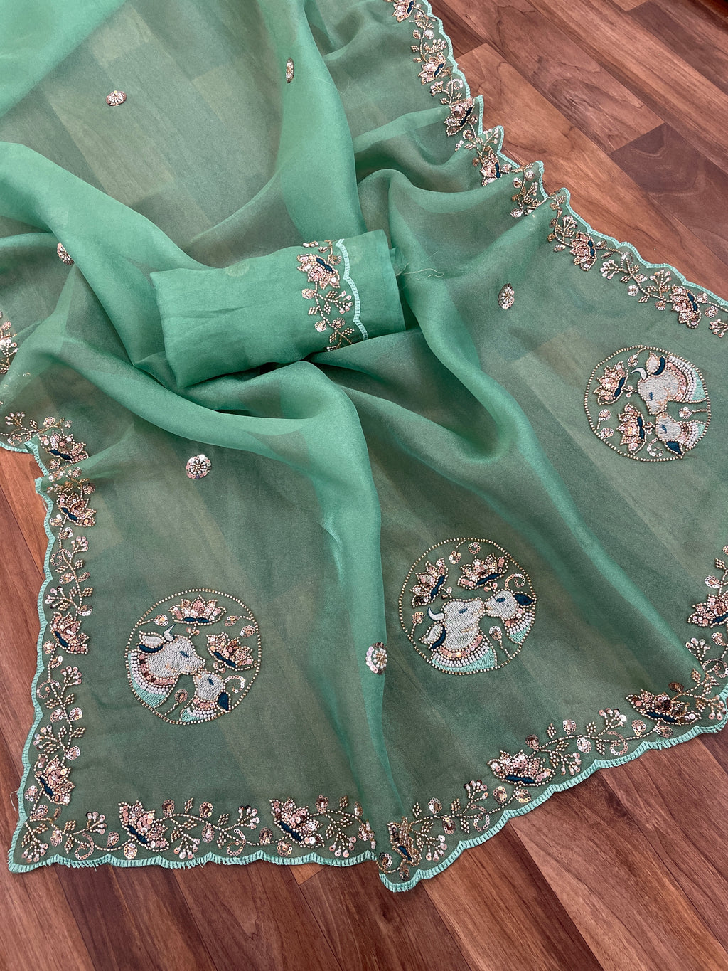 ALKA Tissue Embroidered Sequin Embellished Saree - Light Rama