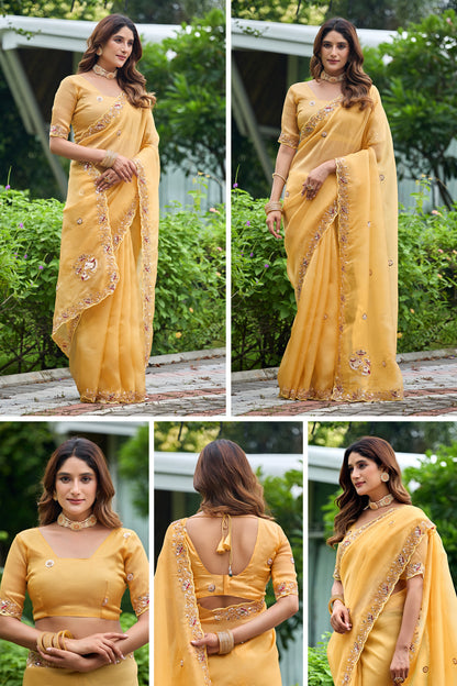 ALKA Tissue Embroidered Sequin Embellished Saree - Light Yellow