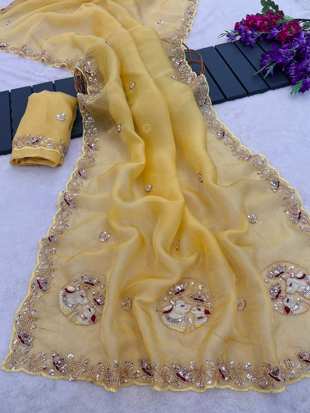 ALKA Tissue Embroidered Sequin Embellished Saree - Light Yellow