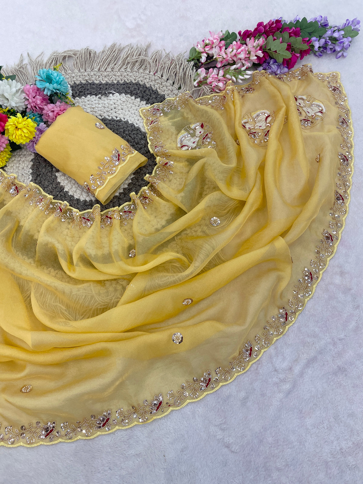 ALKA Tissue Embroidered Sequin Embellished Saree - Light Yellow