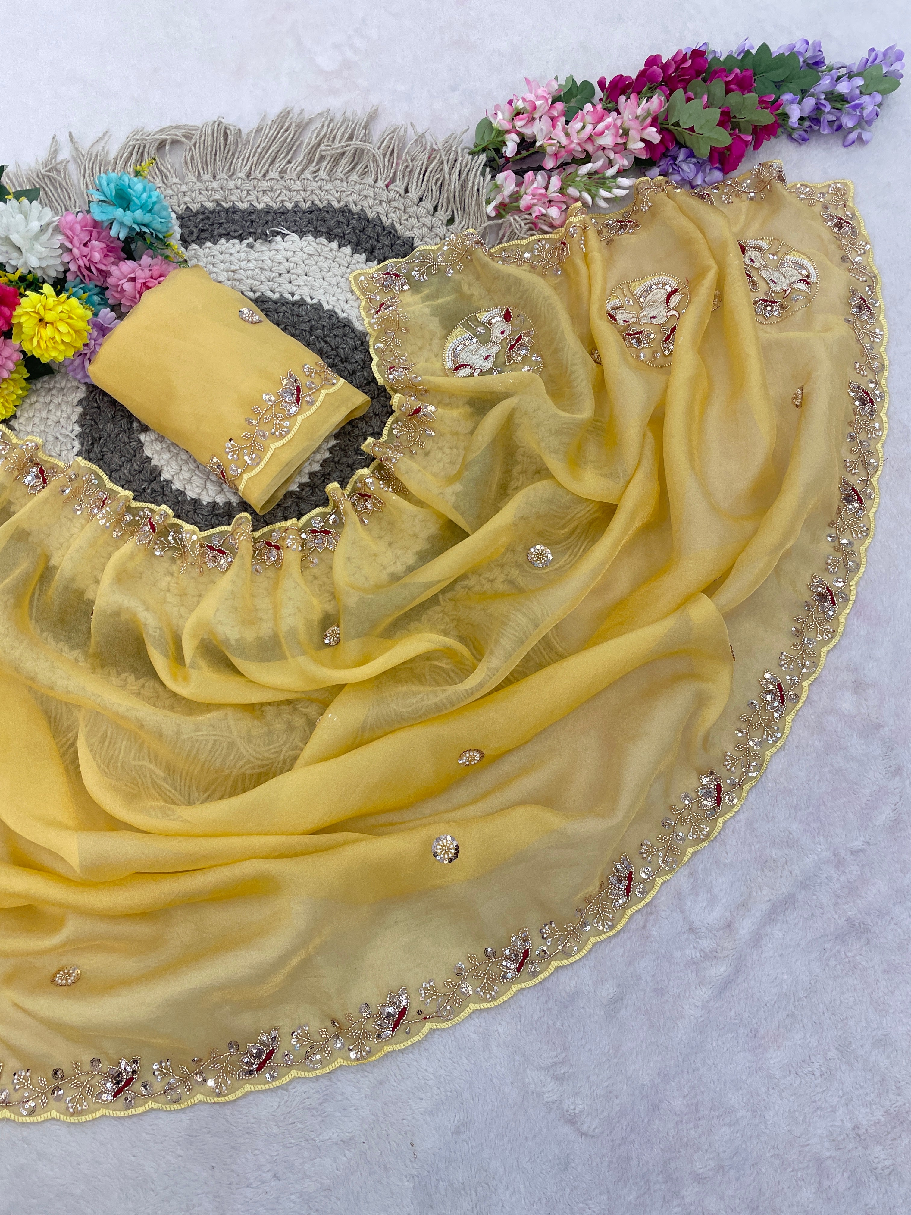 ALKA Tissue Embroidered Sequin Embellished Saree - Light Yellow
