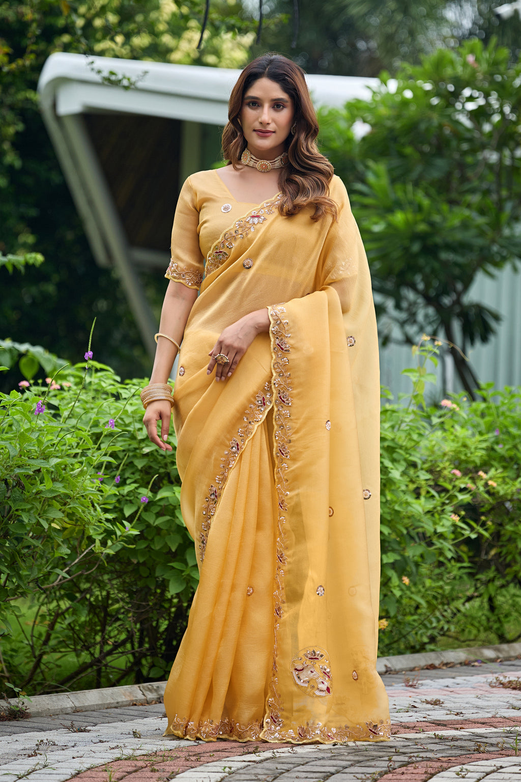 ALKA Tissue Embroidered Sequin Embellished Saree - Light Yellow