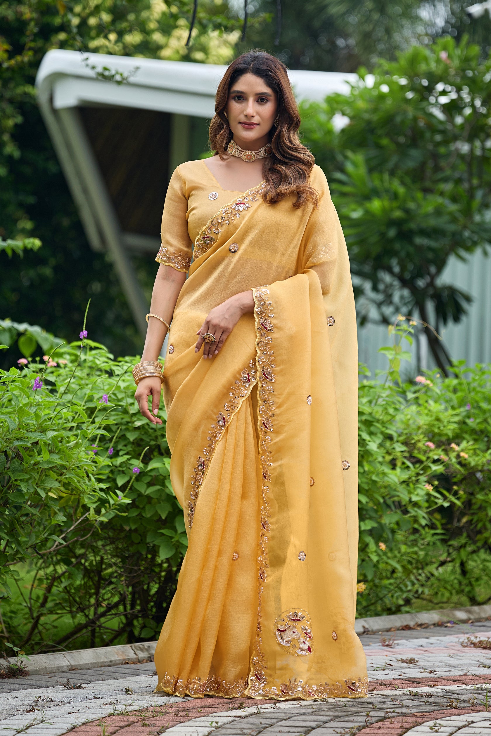 ALKA Tissue Embroidered Sequin Embellished Saree - Light Yellow