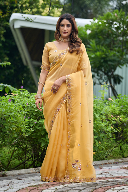 ALKA Tissue Embroidered Sequin Embellished Saree - Light Yellow