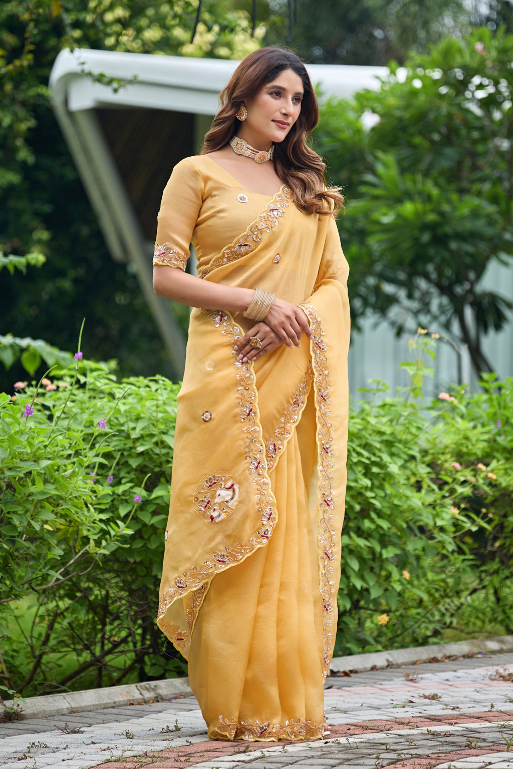 ALKA Tissue Embroidered Sequin Embellished Saree - Light Yellow
