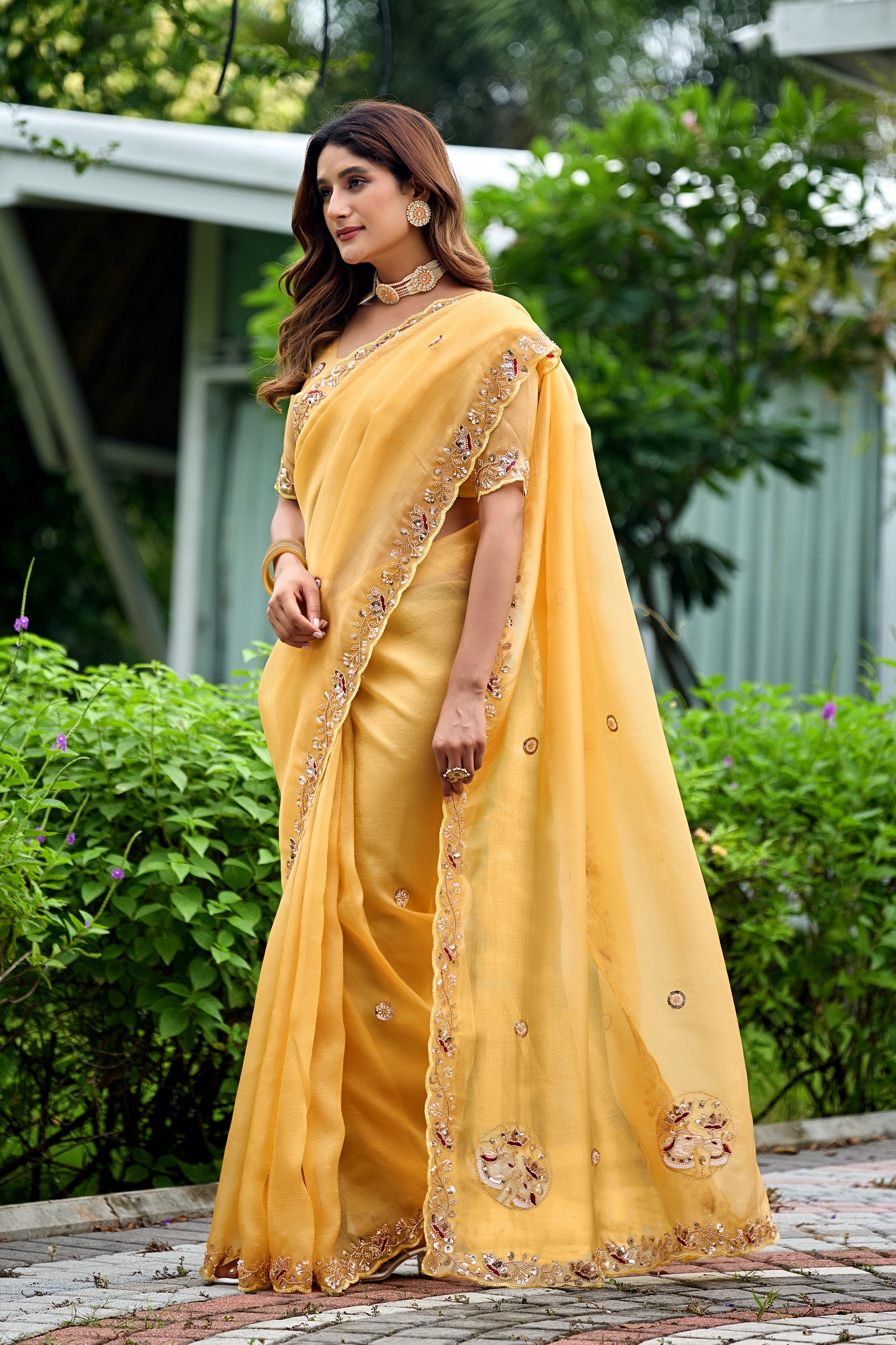 ALKA Tissue Embroidered Sequin Embellished Saree - Light Yellow