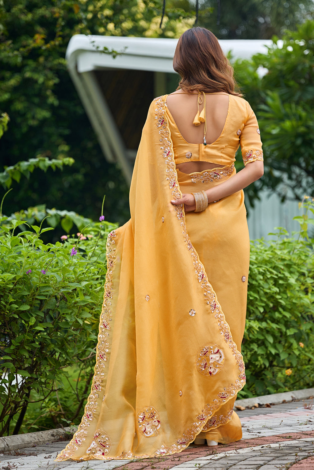 ALKA Tissue Embroidered Sequin Embellished Saree - Light Yellow