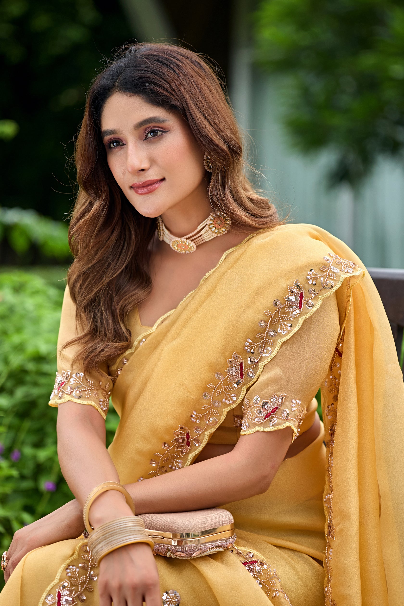 ALKA Tissue Embroidered Sequin Embellished Saree - Light Yellow