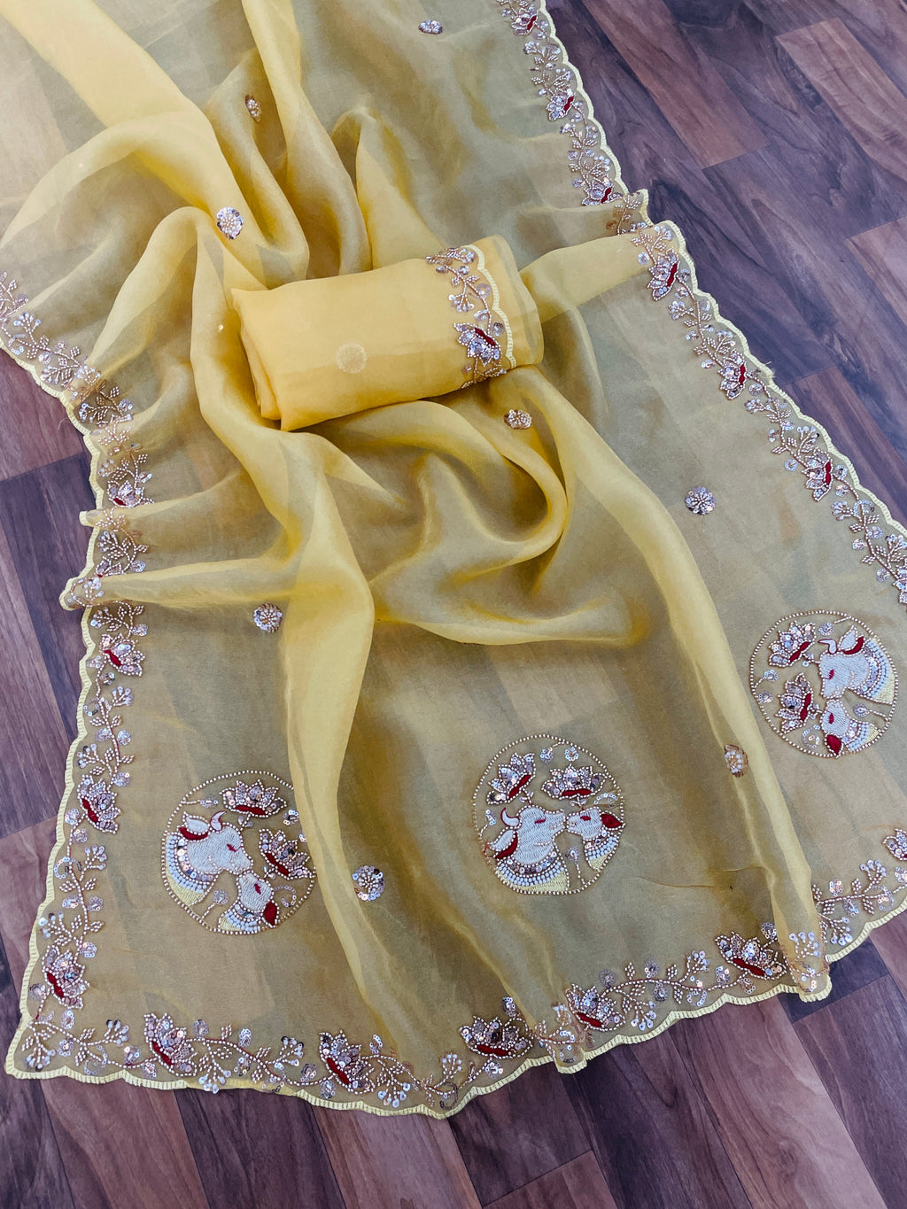 ALKA Tissue Embroidered Sequin Embellished Saree - Light Yellow