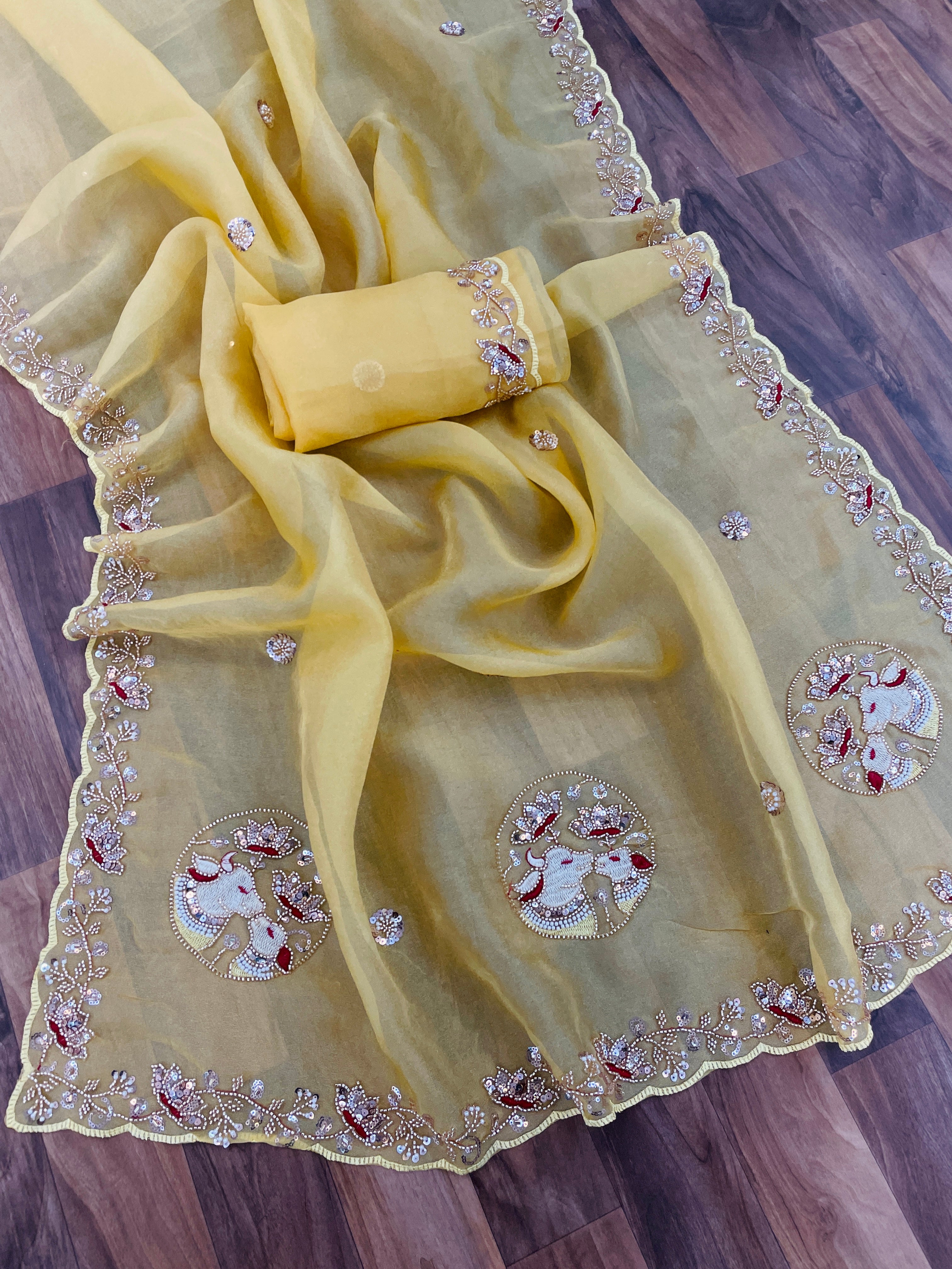ALKA Tissue Embroidered Sequin Embellished Saree - Light Yellow