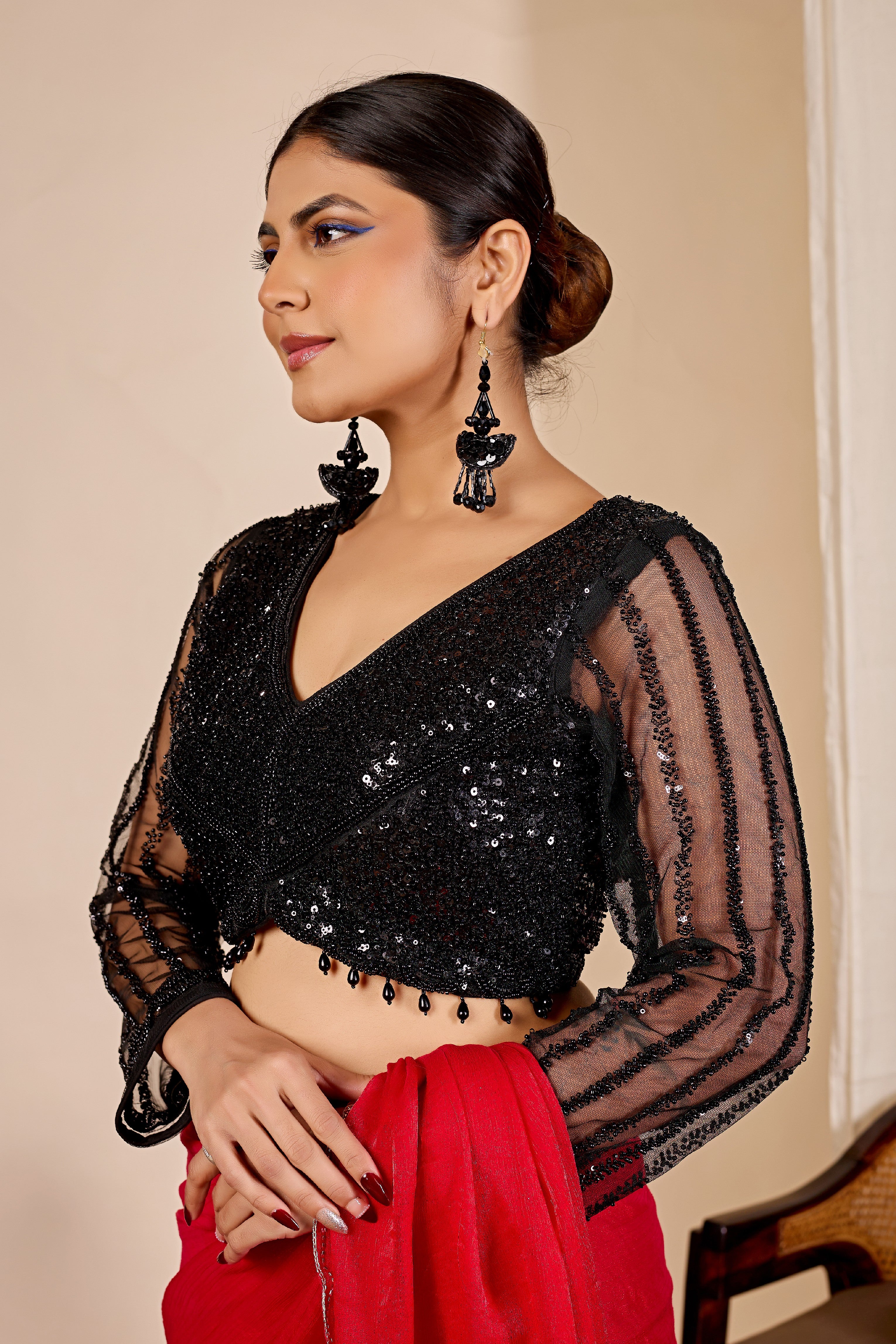 ARAMBHI Net Embroidered Zari Blouse - Black