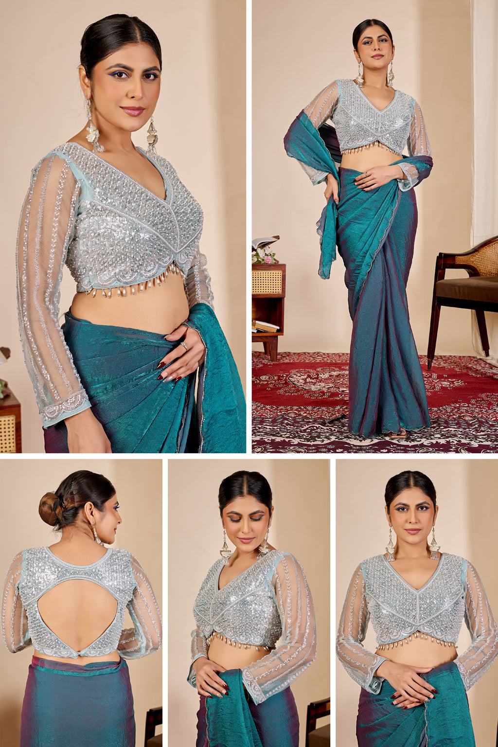 ARAMBHI Net Embroidered Zari Blouse - Light Rama
