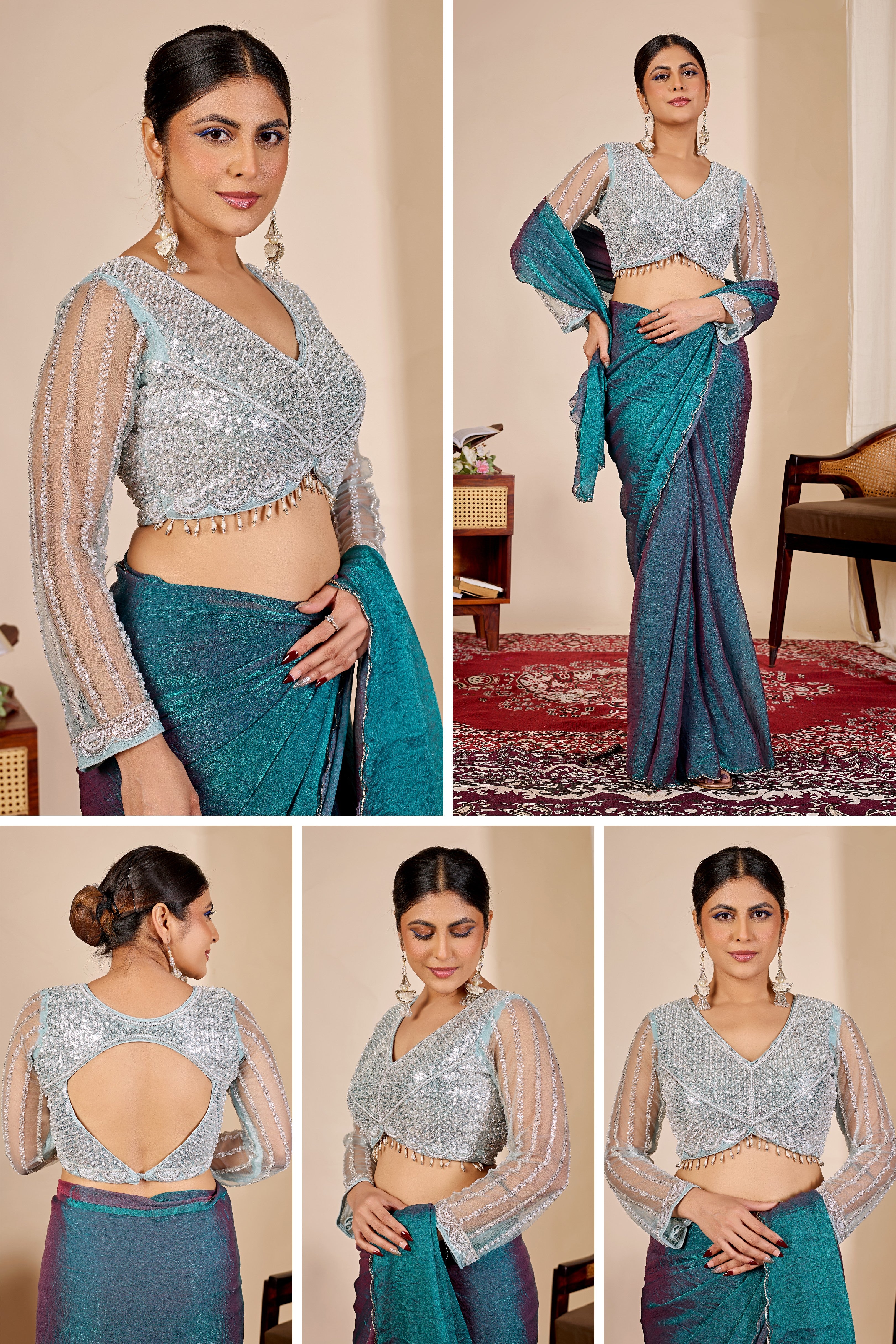 ARAMBHI Net Embroidered Zari Blouse - Light Rama