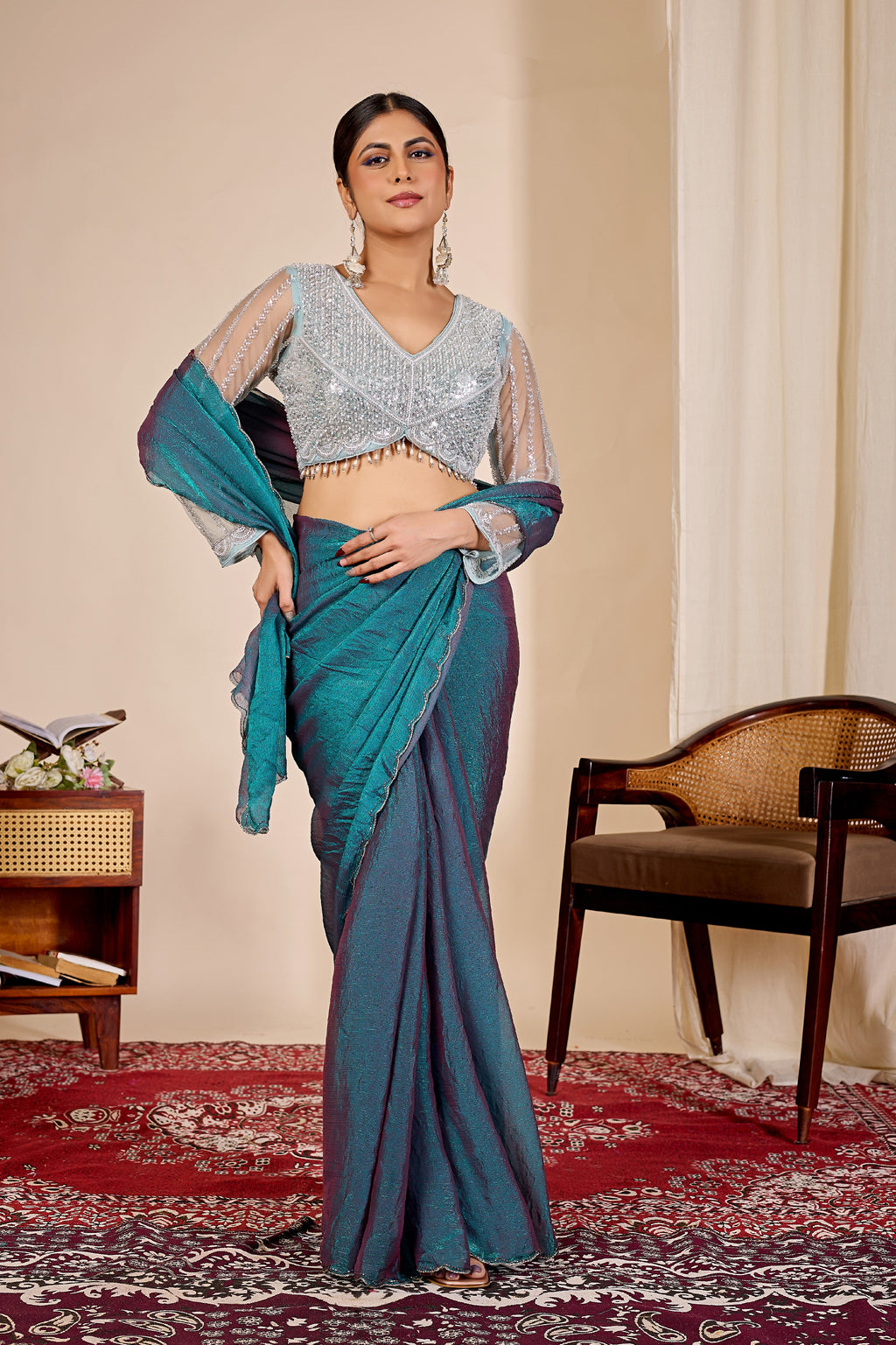 ARAMBHI Net Embroidered Zari Blouse - Light Rama