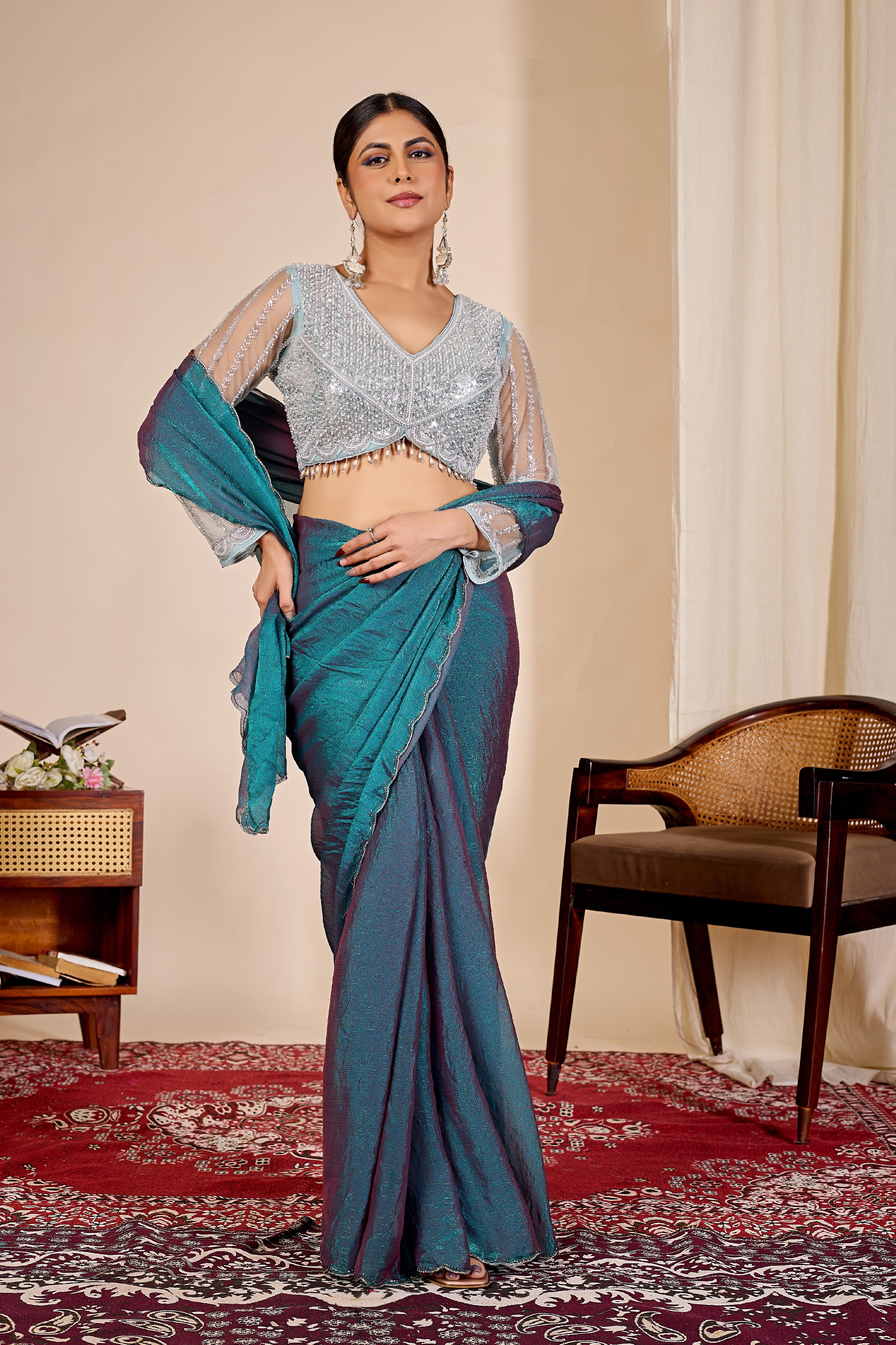 ARAMBHI Net Embroidered Zari Blouse - Light Rama