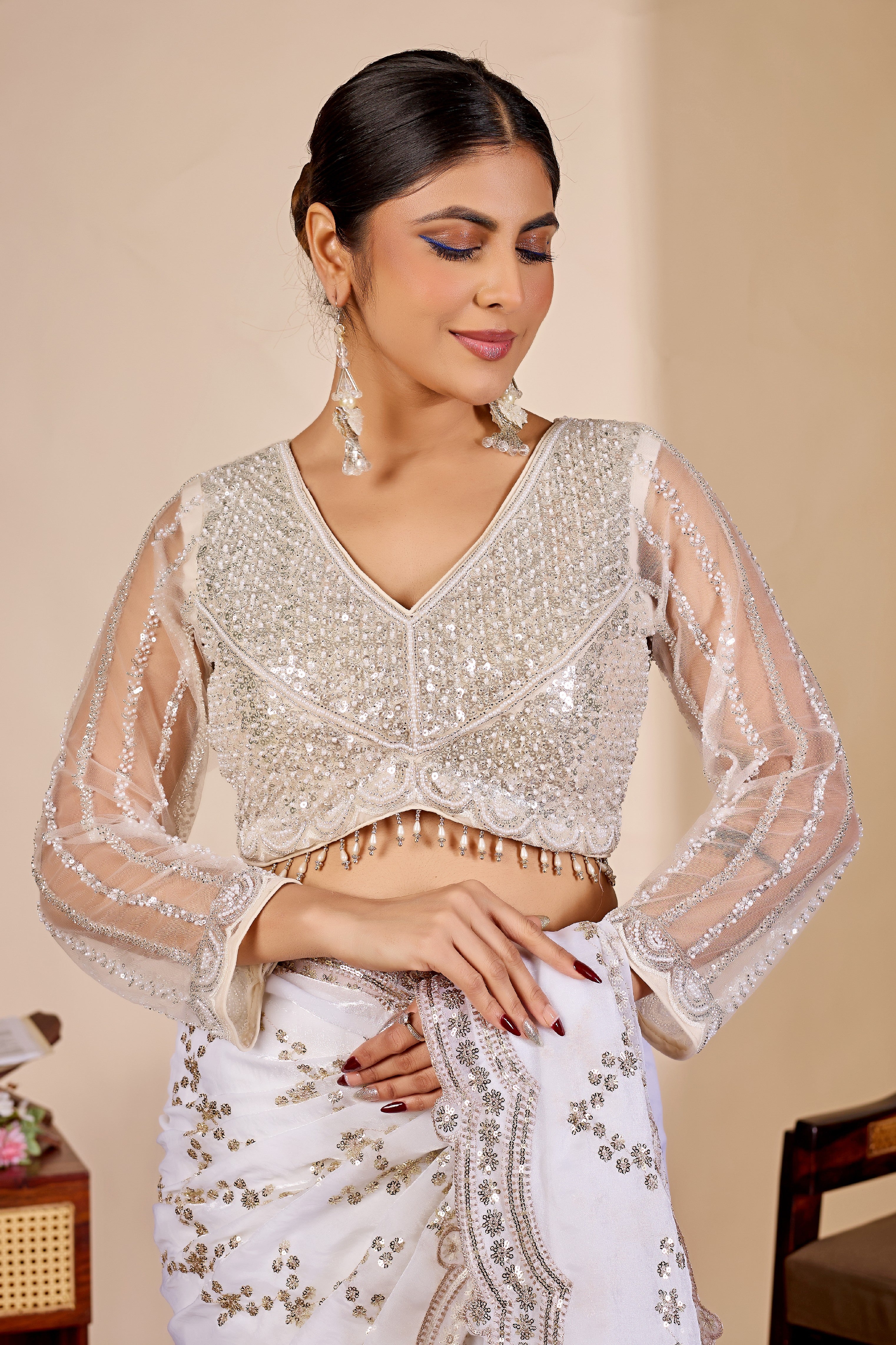 ARAMBHI Net Embroidered Zari Blouse - White