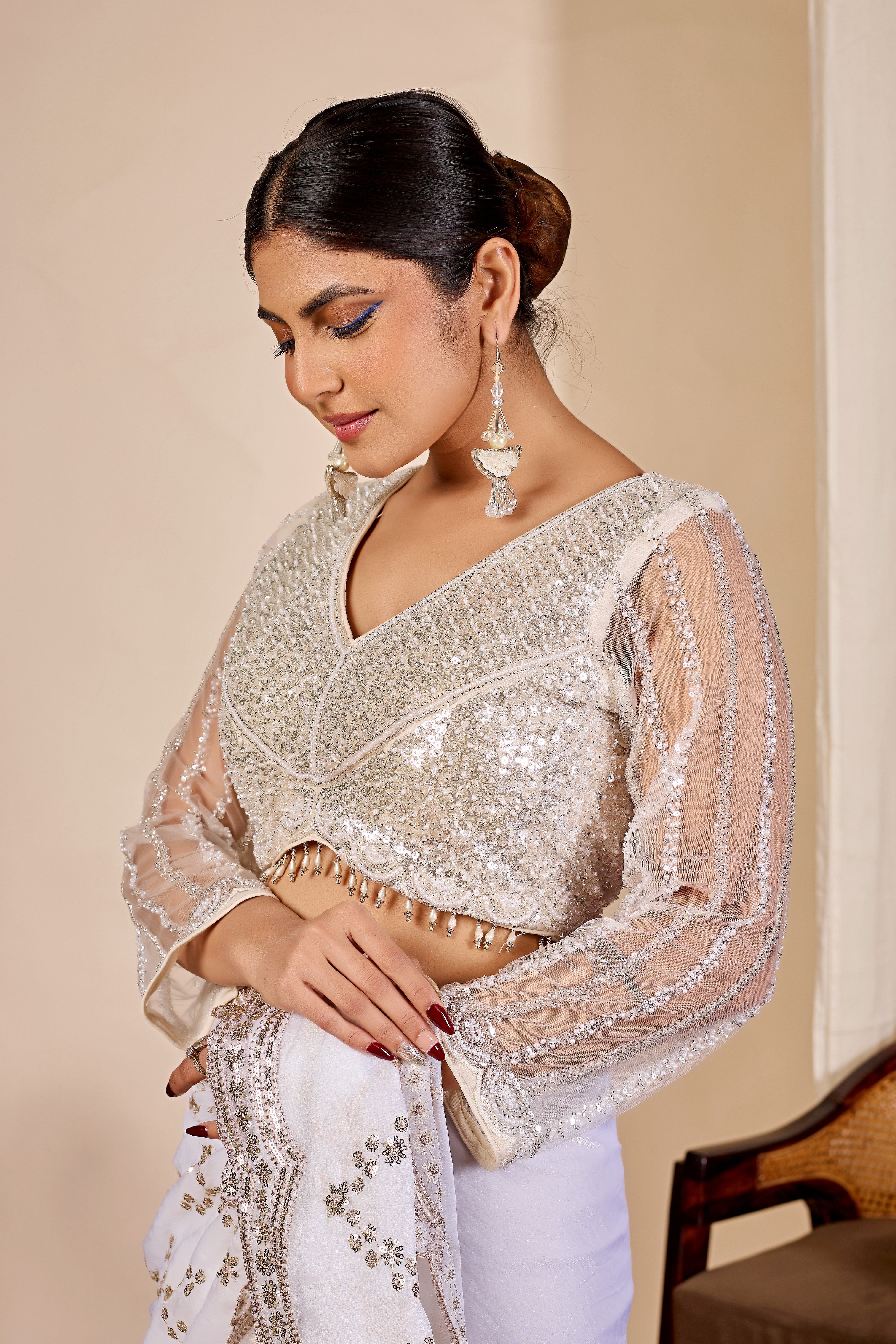 ARAMBHI Net Embroidered Zari Blouse - White