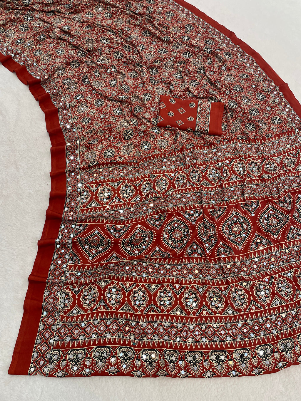 AZRAK Mirror Ajrakh Print Crepe Saree - Red