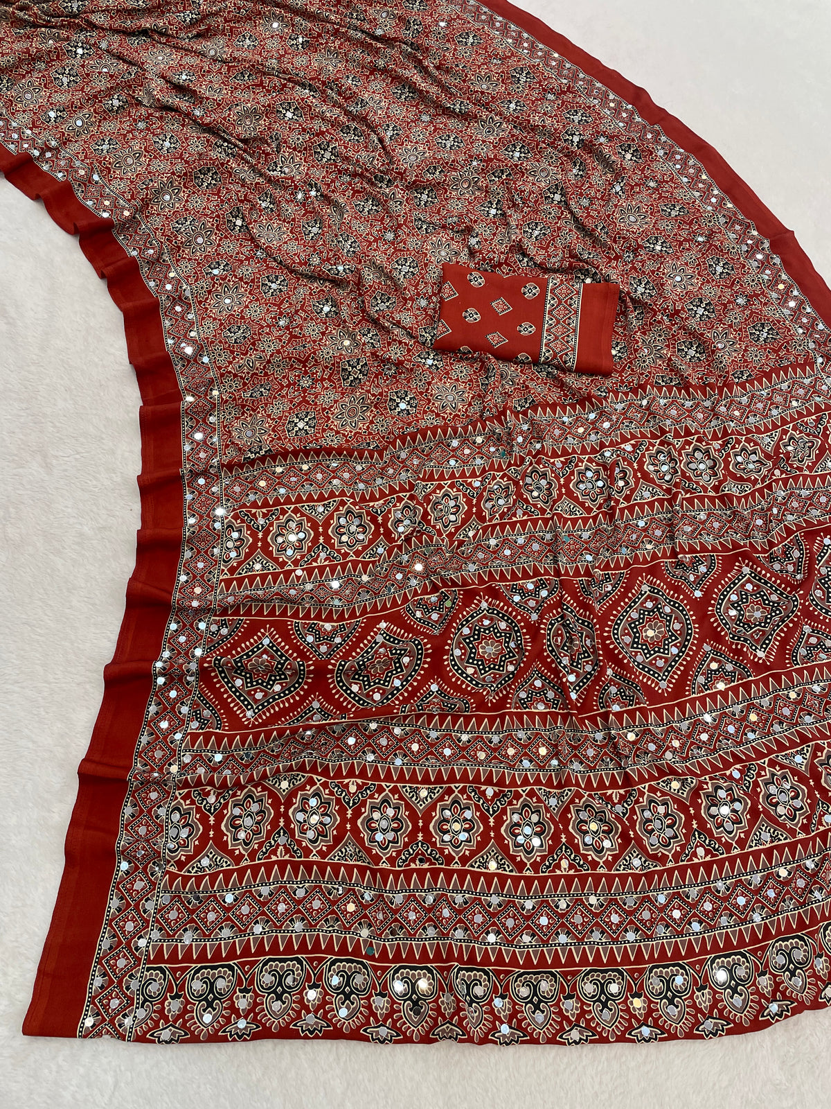 AZRAK Mirror Ajrakh Print Crepe Saree - Red