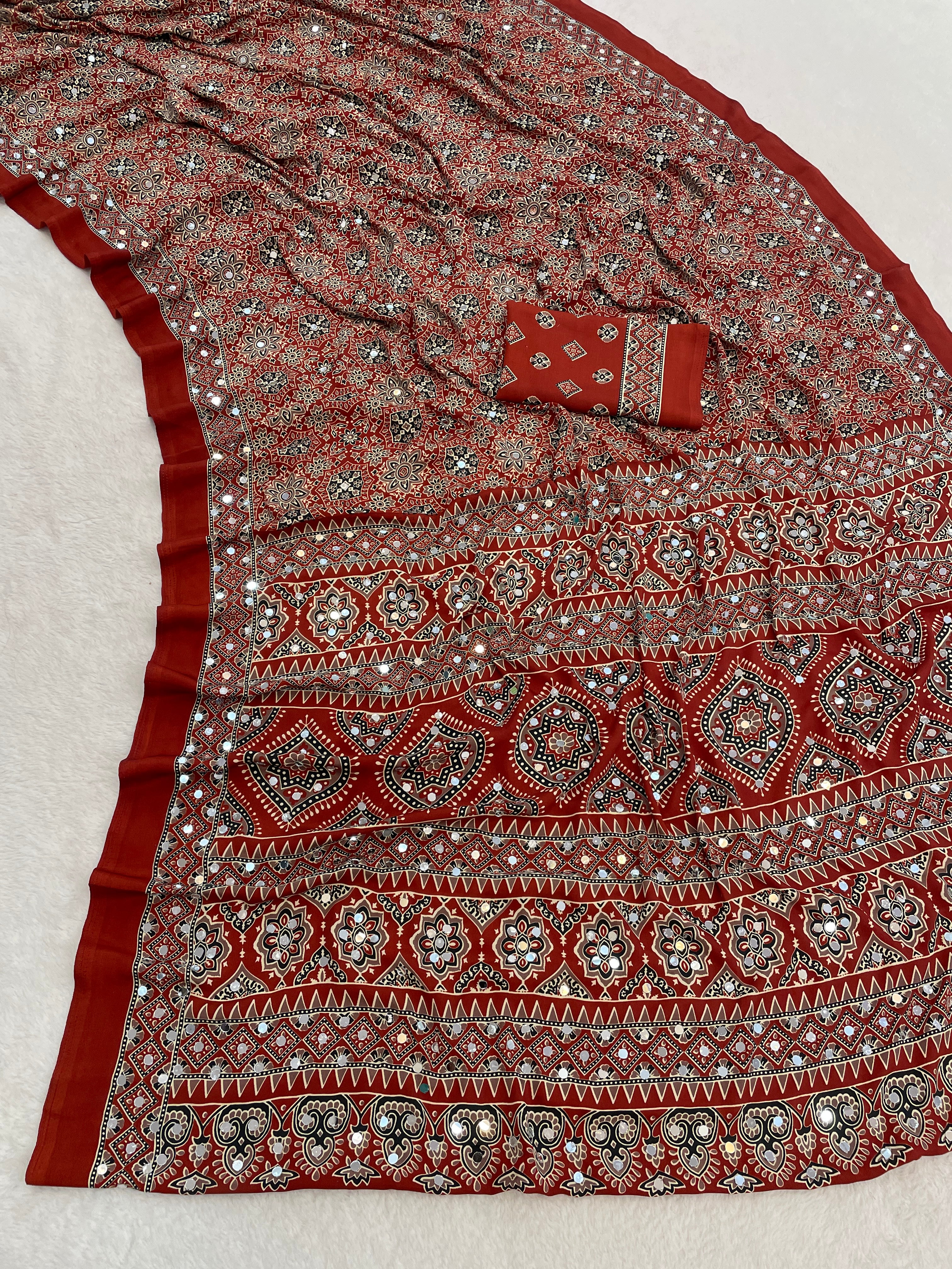 AZRAK Mirror Ajrakh Print Crepe Saree - Red