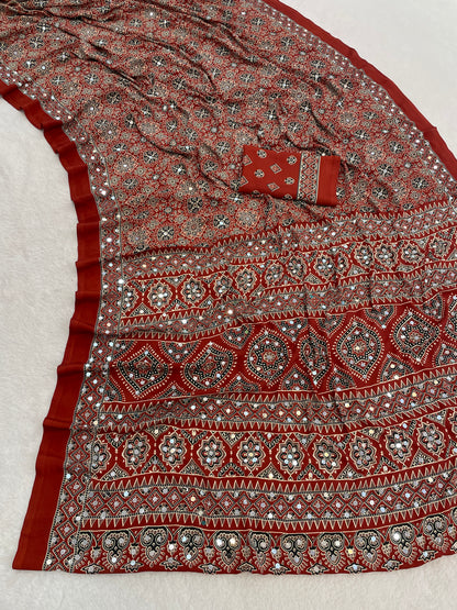 AZRAK Mirror Ajrakh Print Crepe Saree - Red
