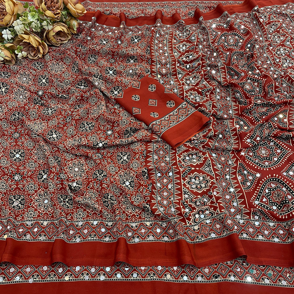 AZRAK Mirror Ajrakh Print Crepe Saree - Red