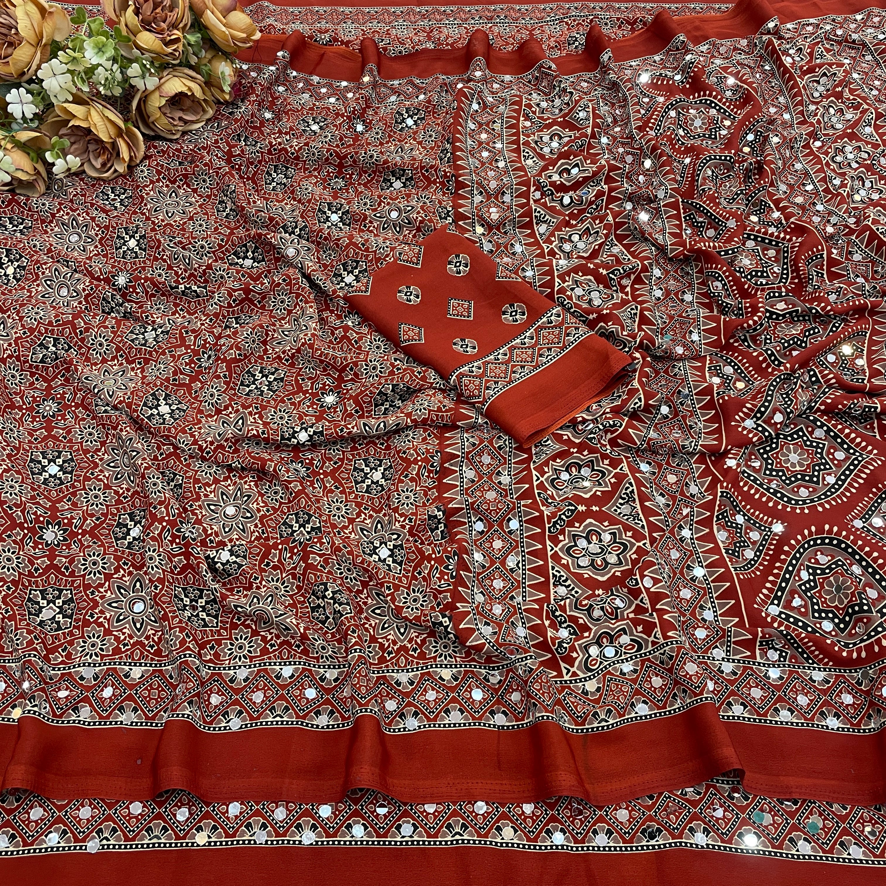 AZRAK Mirror Ajrakh Print Crepe Saree - Red