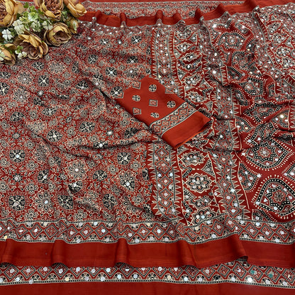 AZRAK Mirror Ajrakh Print Crepe Saree - Red
