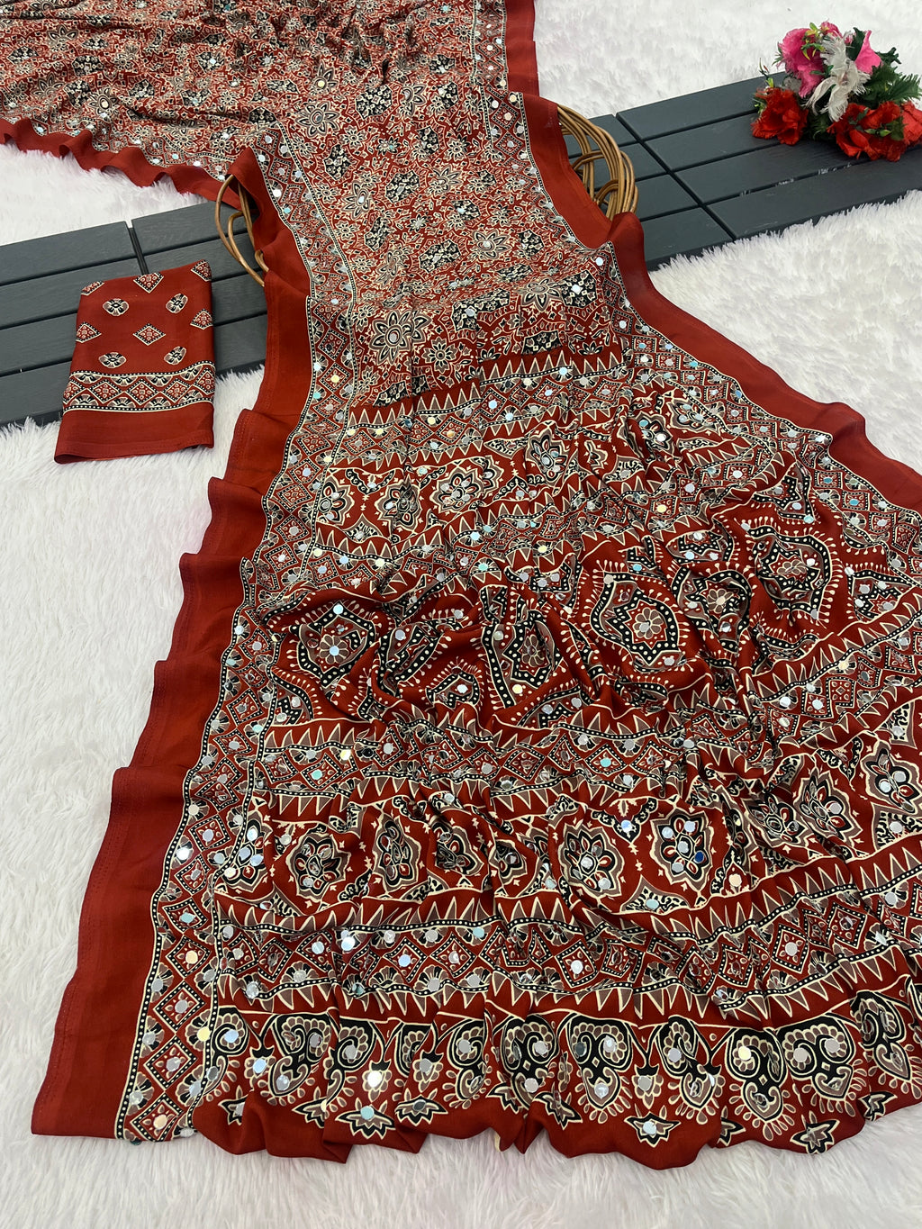 AZRAK Mirror Ajrakh Print Crepe Saree - Red