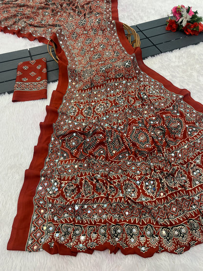 AZRAK Mirror Ajrakh Print Crepe Saree - Red