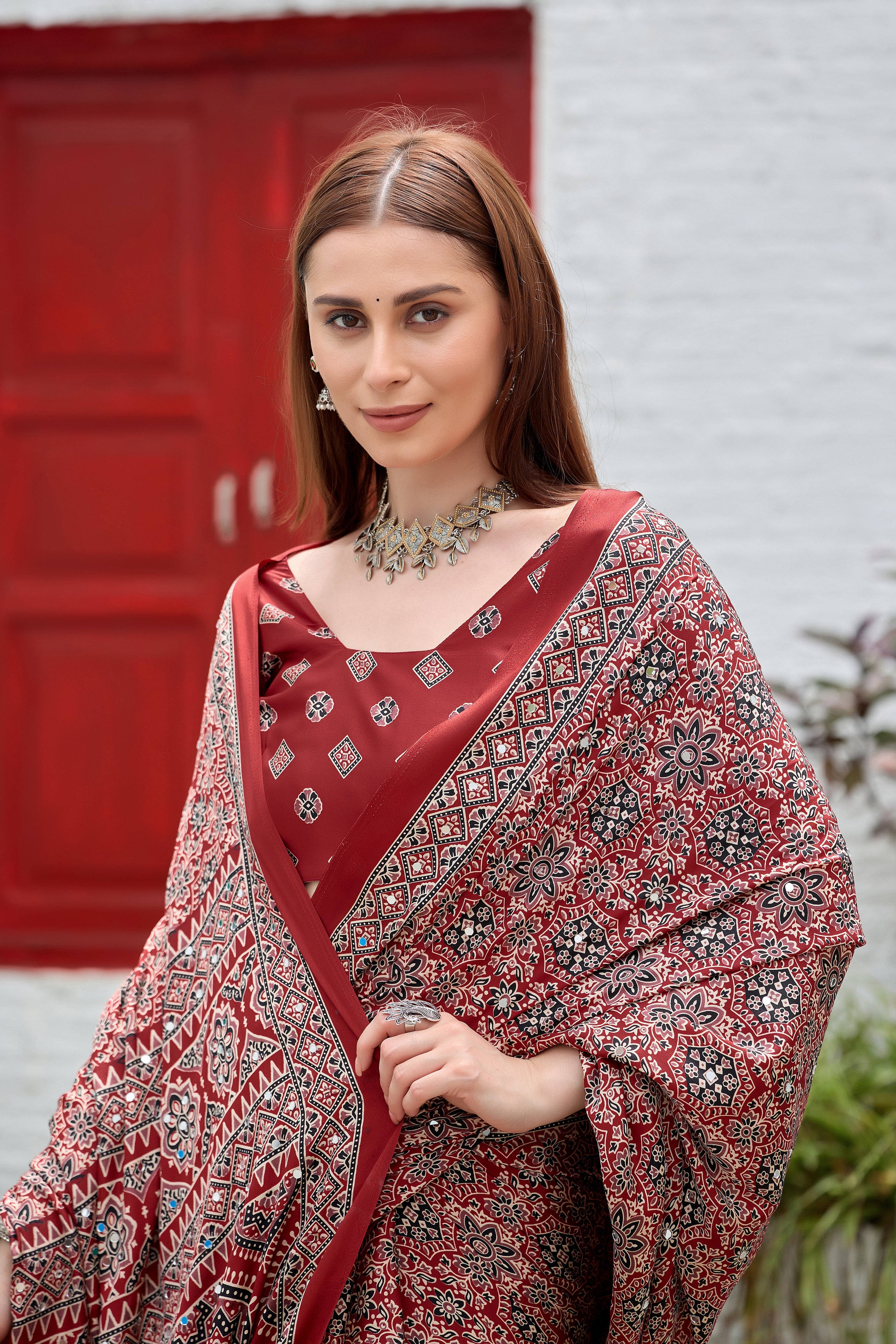 AZRAK Mirror Ajrakh Print Crepe Saree - Red