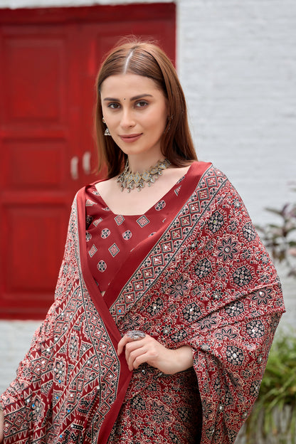 AZRAK Mirror Ajrakh Print Crepe Saree - Red