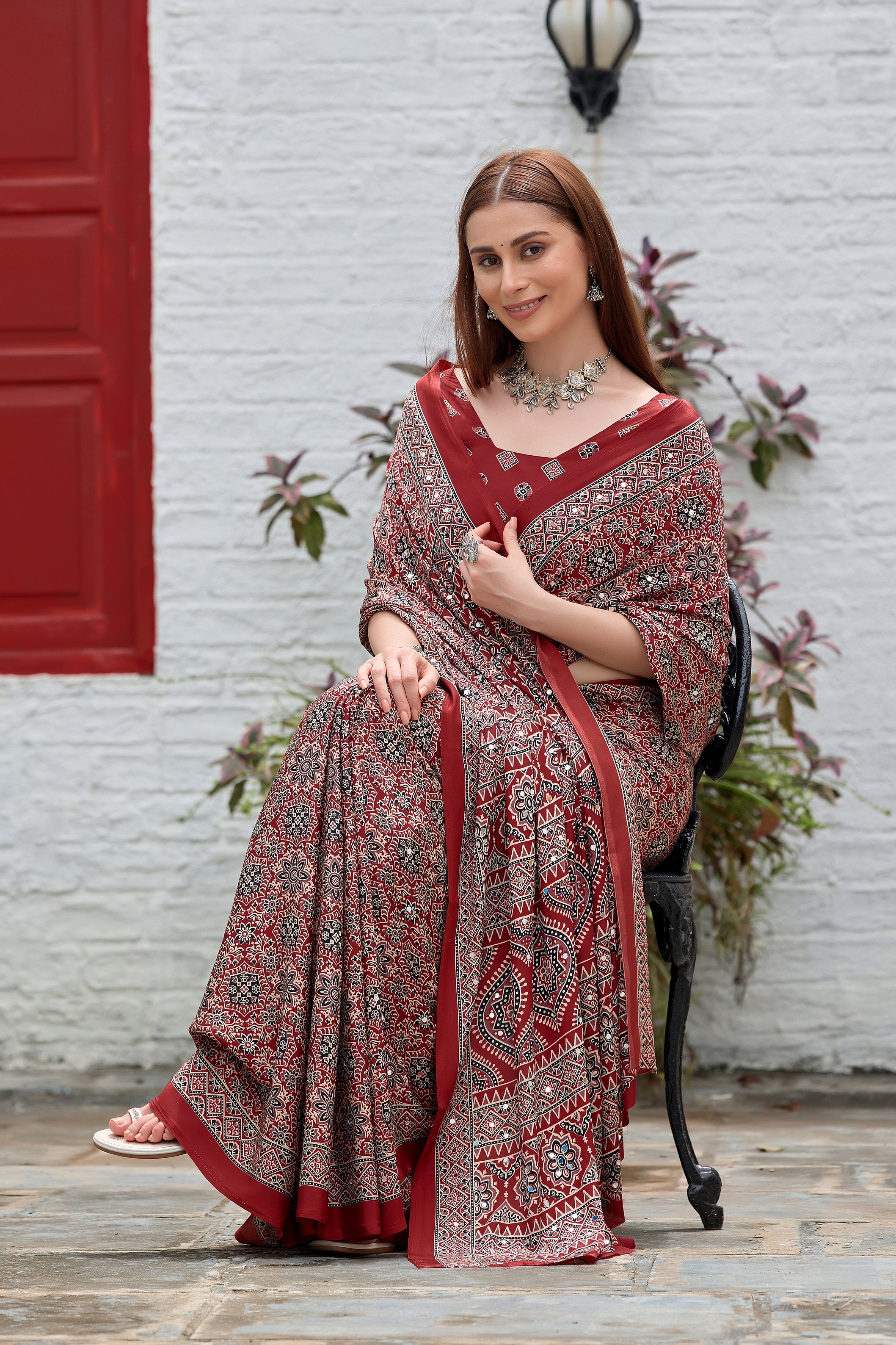 AZRAK Mirror Ajrakh Print Crepe Saree - Red