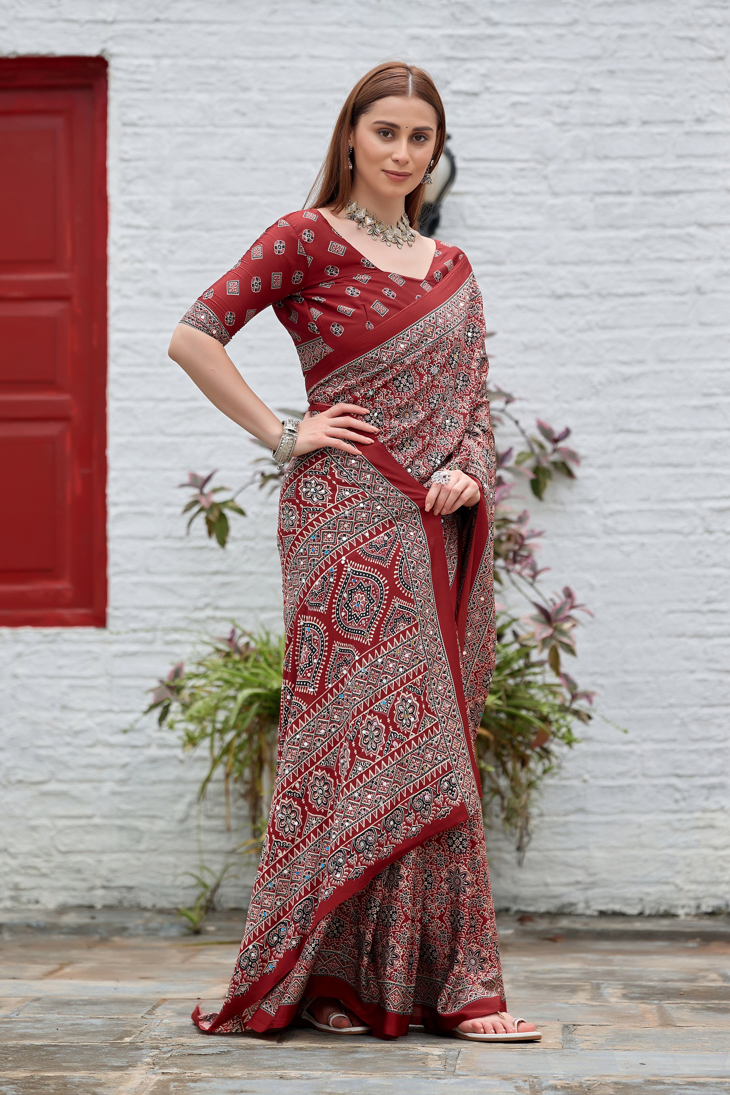 AZRAK Mirror Ajrakh Print Crepe Saree - Red