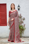 AZRAK Mirror Ajrakh Print Crepe Saree - Red