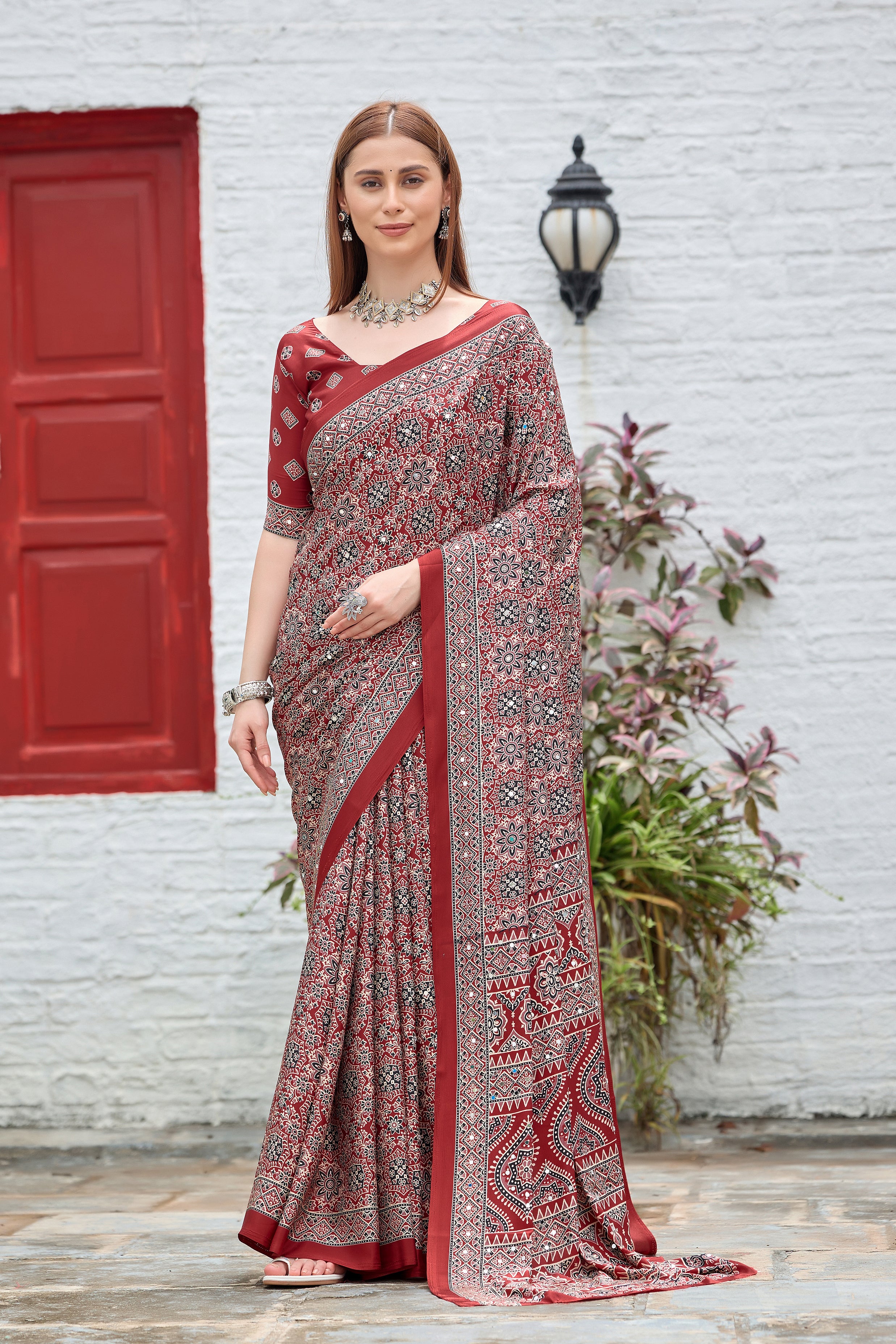 AZRAK Mirror Ajrakh Print Crepe Saree - Red