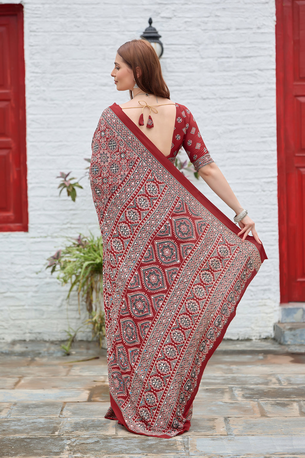 AZRAK Mirror Ajrakh Print Crepe Saree - Red