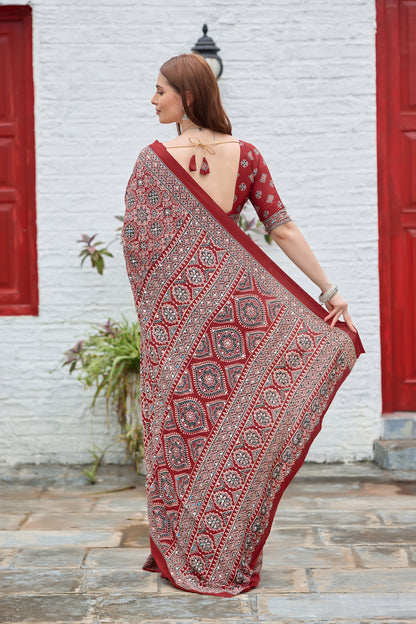 AZRAK Mirror Ajrakh Print Crepe Saree - Red