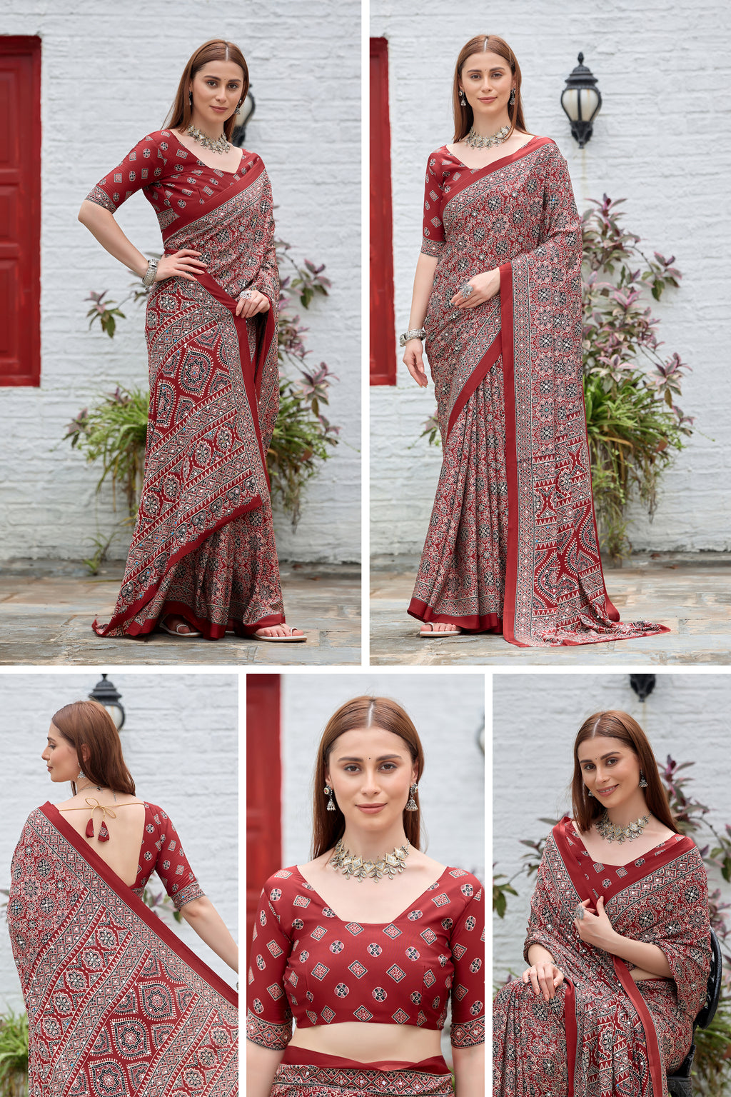 AZRAK Mirror Ajrakh Print Crepe Saree - Red